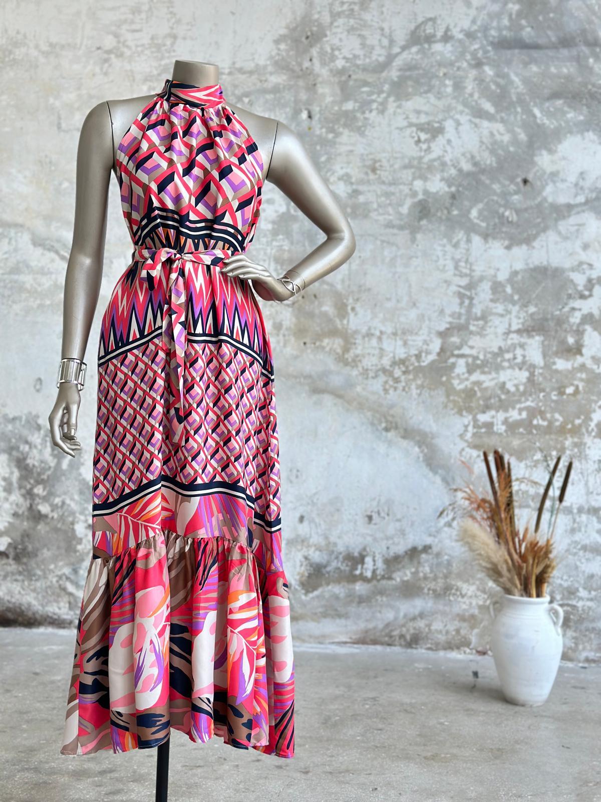 Halter Yaka Palmiye Desenli Elbise (Pembe)