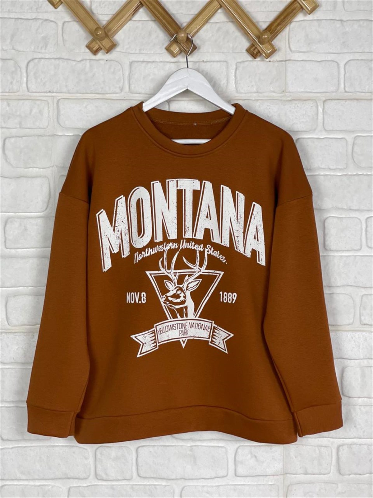 İkiiplik Kumaş İçi Şardonlu Yazı Baskılı Sweatshirt  (KİREMİT)