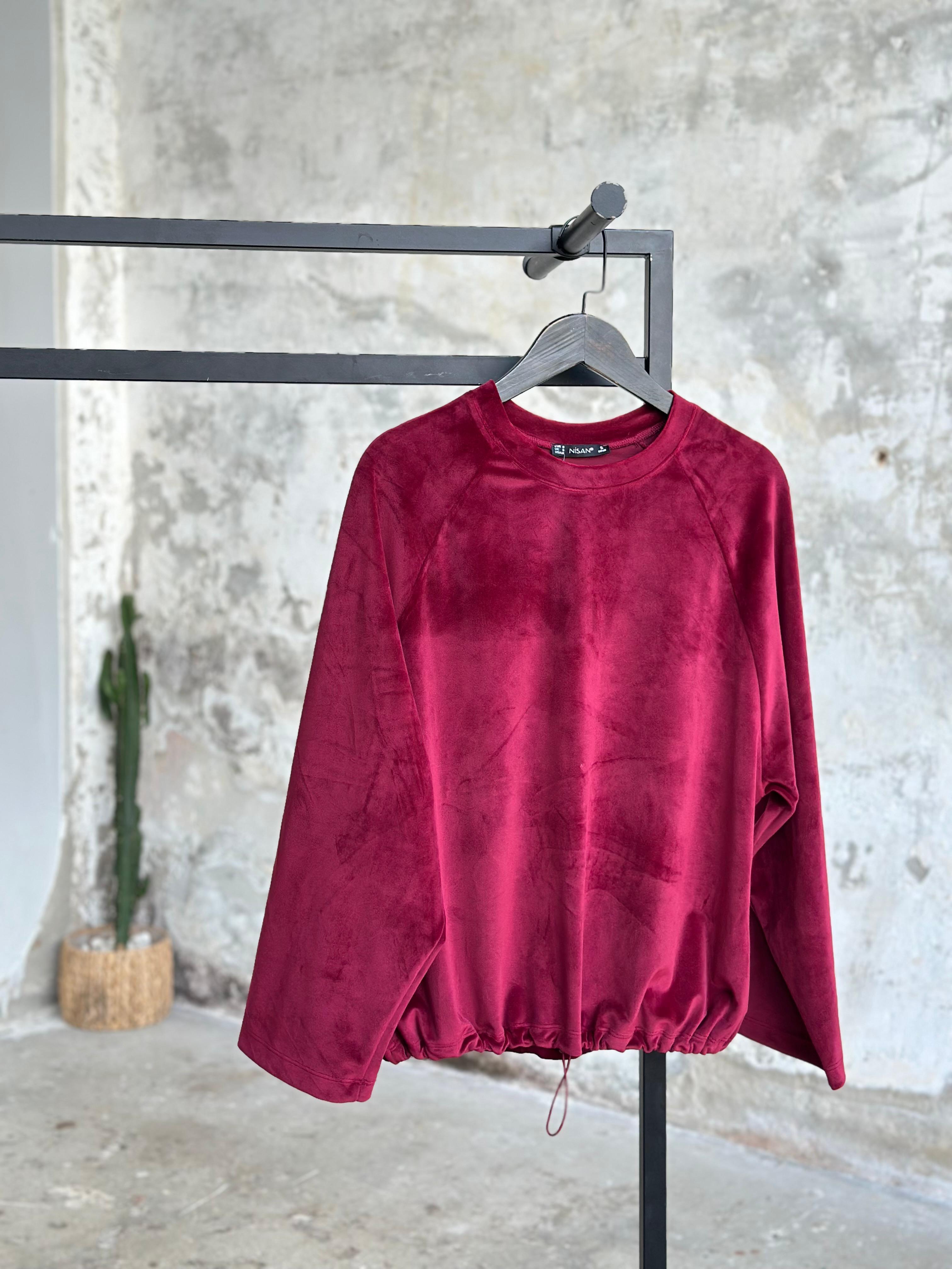İthal Kadife Kumaş Büzgü Detaylı Sweat (Bordo)