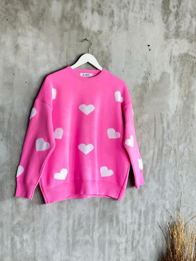 Kabartma Kalp Desenli Çelik Örme Kadın Kazak (Pembe) 
