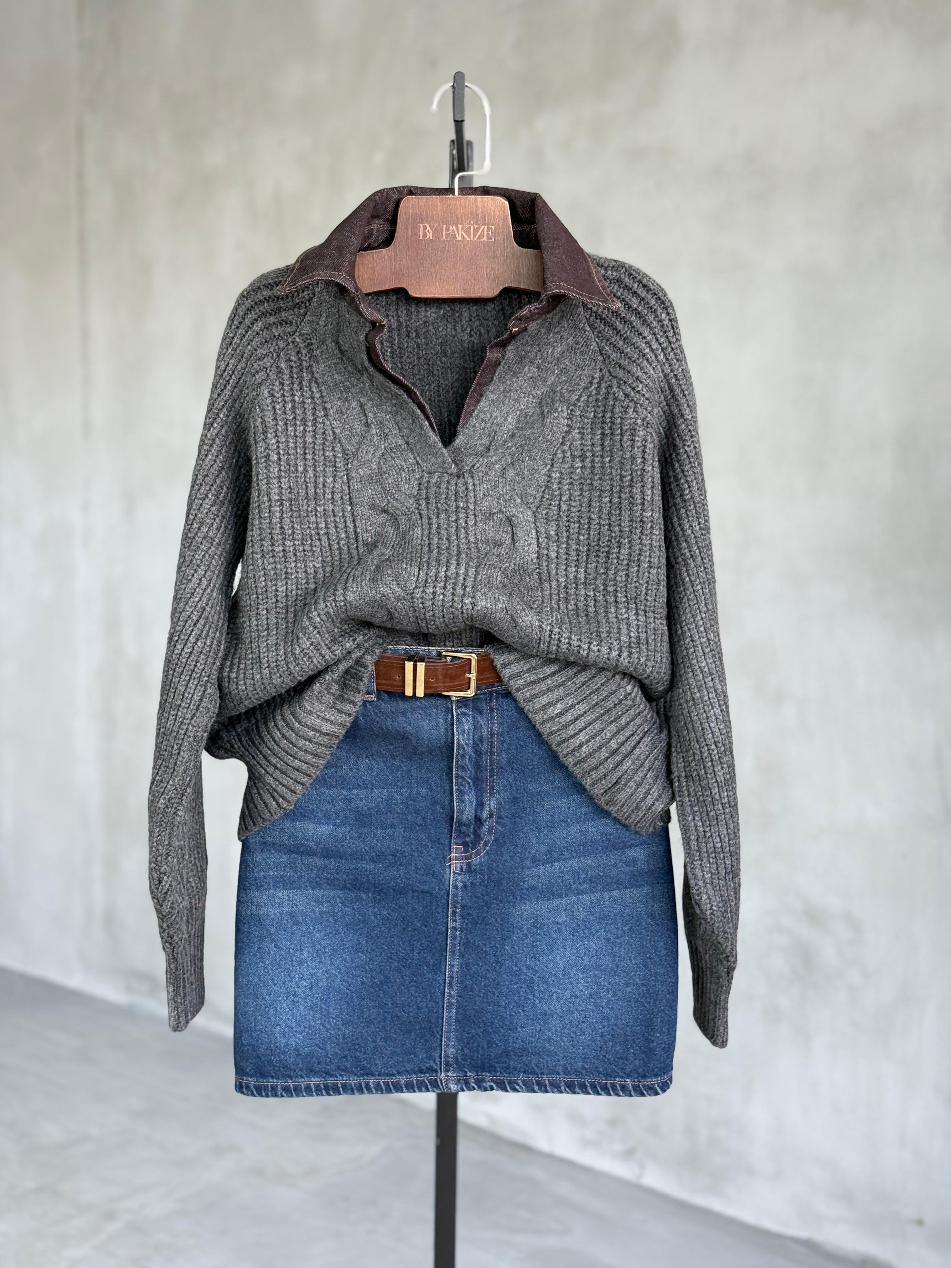 KAHVE Denim Detaylı Saç Örgü Kazak (Antrasit)