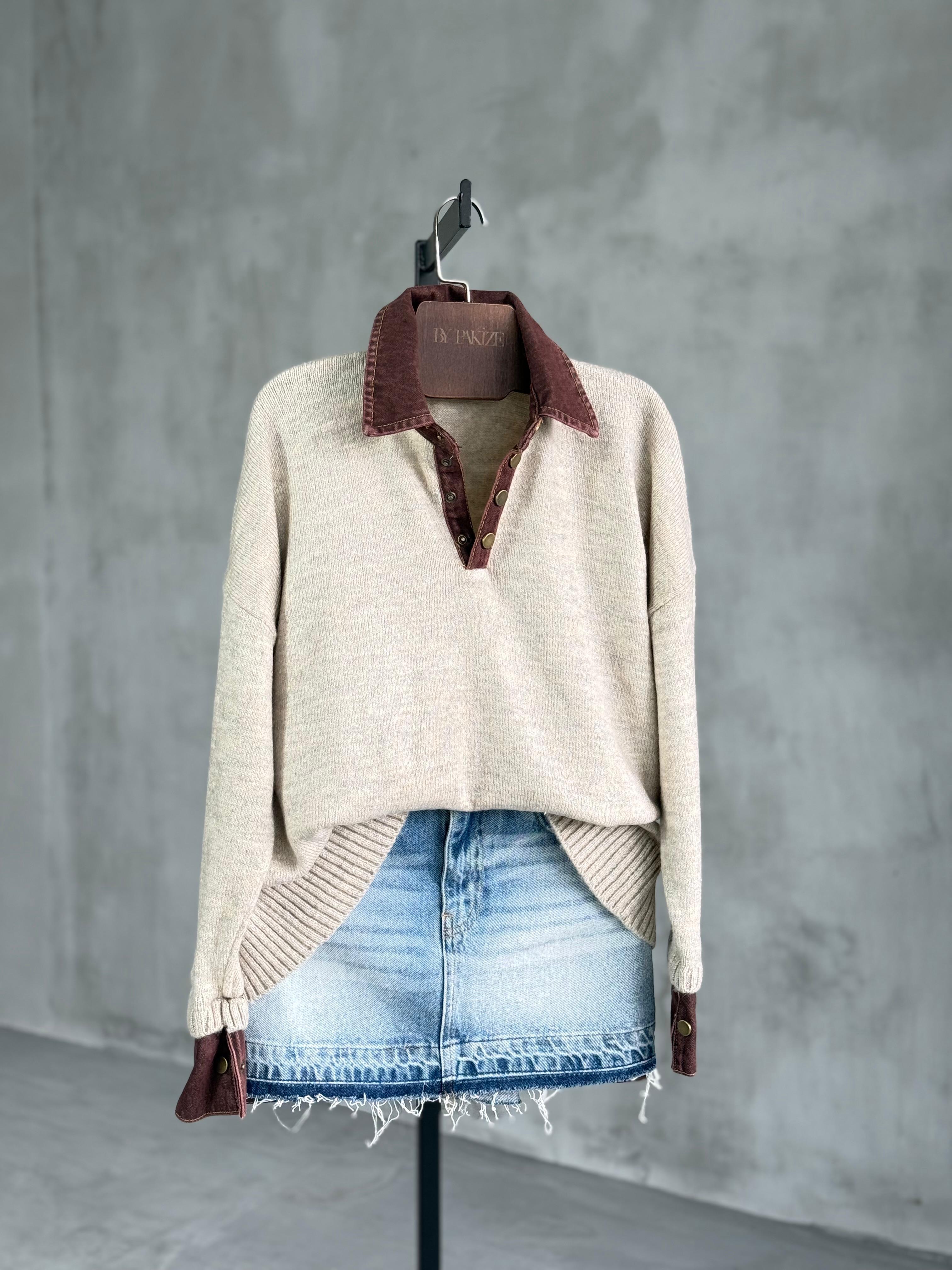 Kahve Denim Yakalı Yumoş Kazak (Taş)
