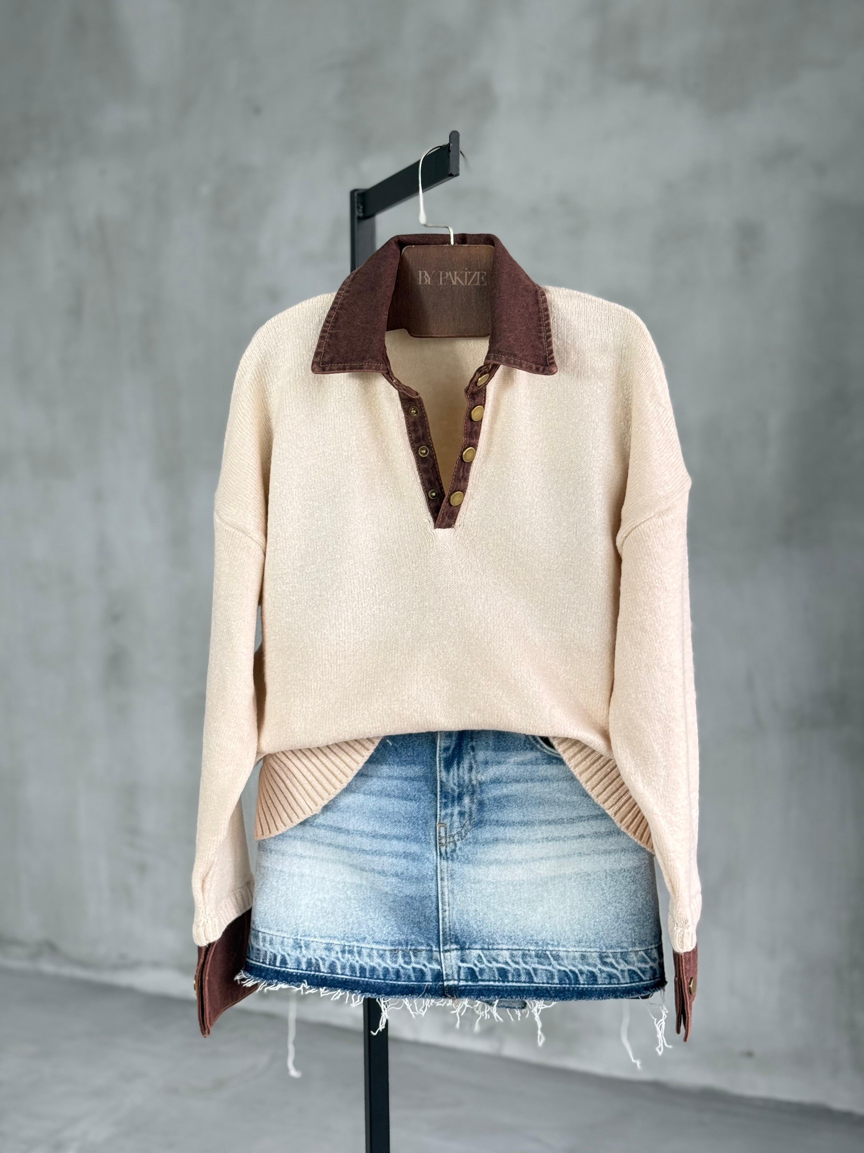 Kahve Denim Yakalı Yumoş Kazak (Vanilya)