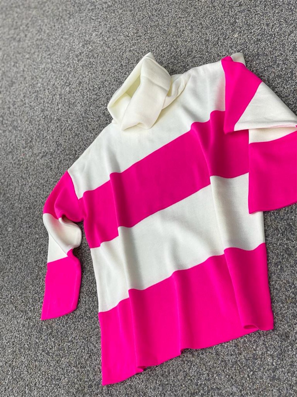 Kalın Çizgili Çelik Örgülü Oversize Kazak (Pembe)