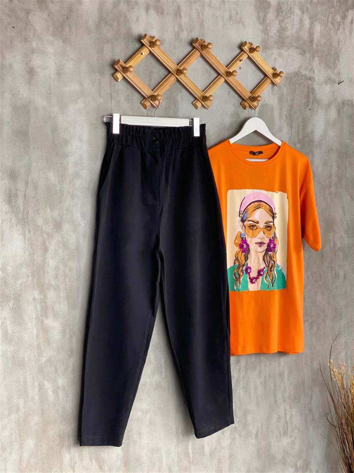 Kalın Lastik Kemerli Yumuşak Gabardin Kumaş Mom Pantolon (Siyah)