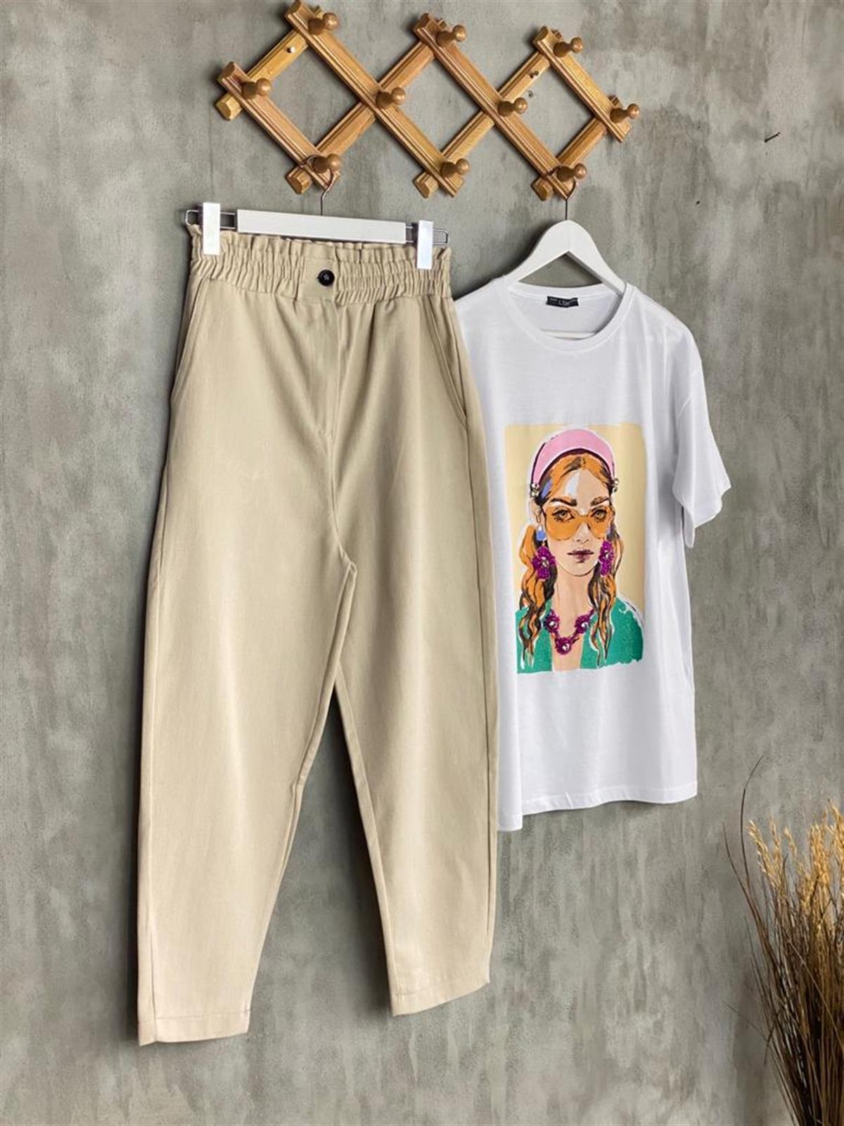 Kalın Lastik Kemerli Yumuşak Gabardin Kumaş Mom Pantolon (Taş)