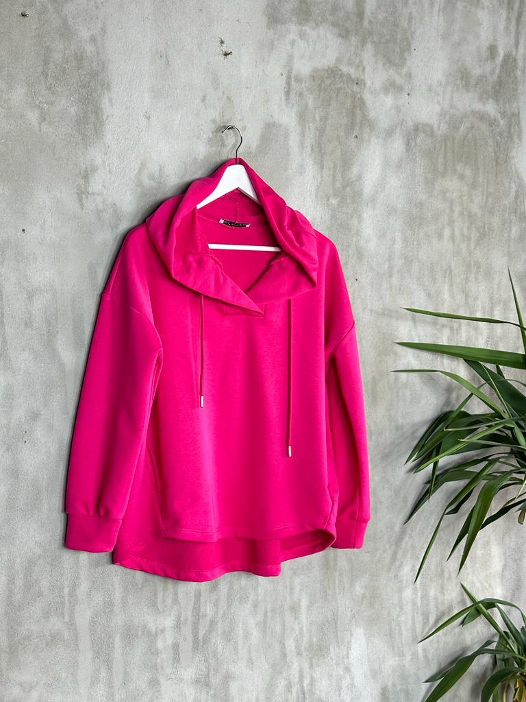 Kapşonlu Oval Kesim Kadın Sweat (Fuşya)