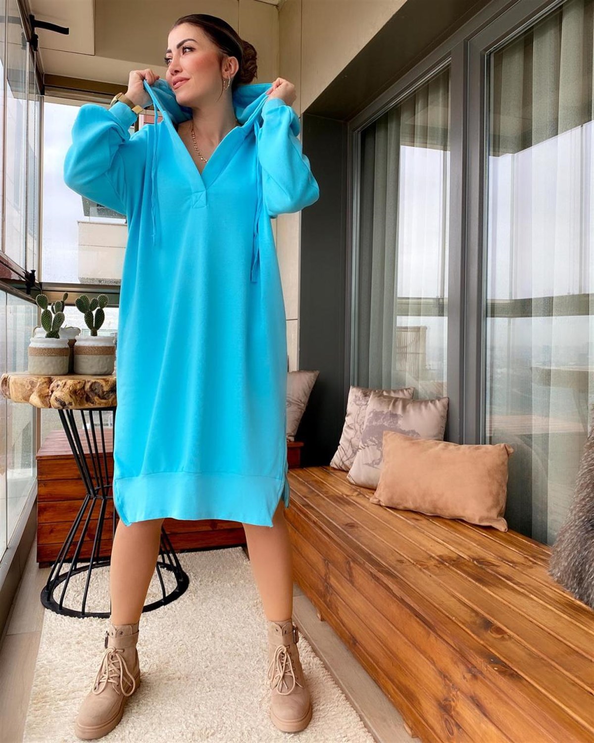 Kapşonlu Salaş Model Sweat Elbise (MAVİ)