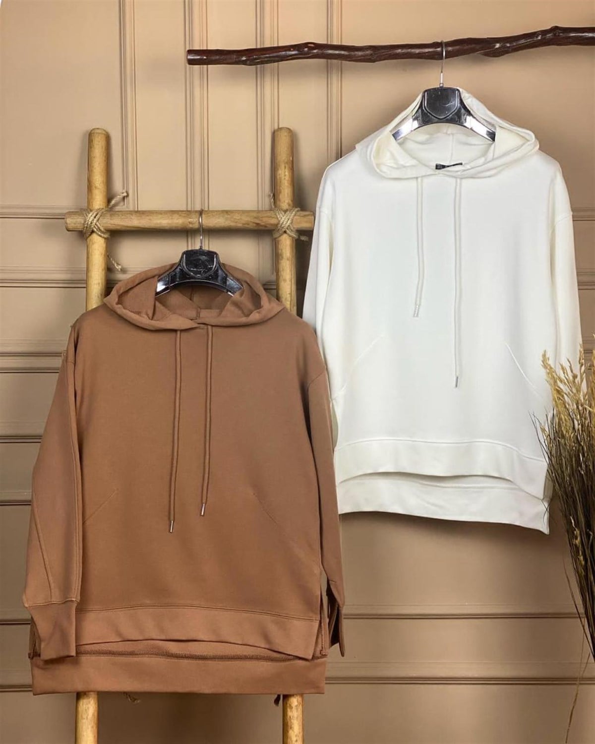 Kapşonlu Tunik Sweatshirt (BEYAZ & CAMEL)