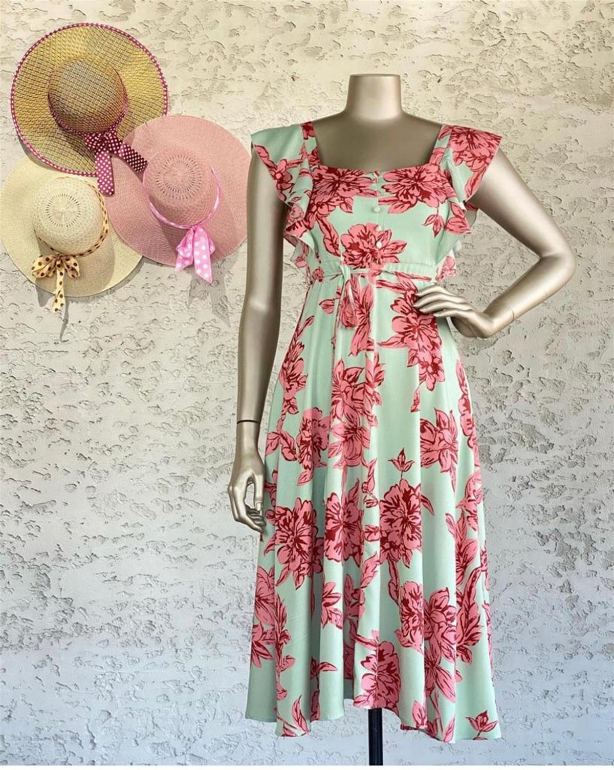 Kare Yaka Kolları Fırfırlı Pembe Çiçekli Elbise (Mint)