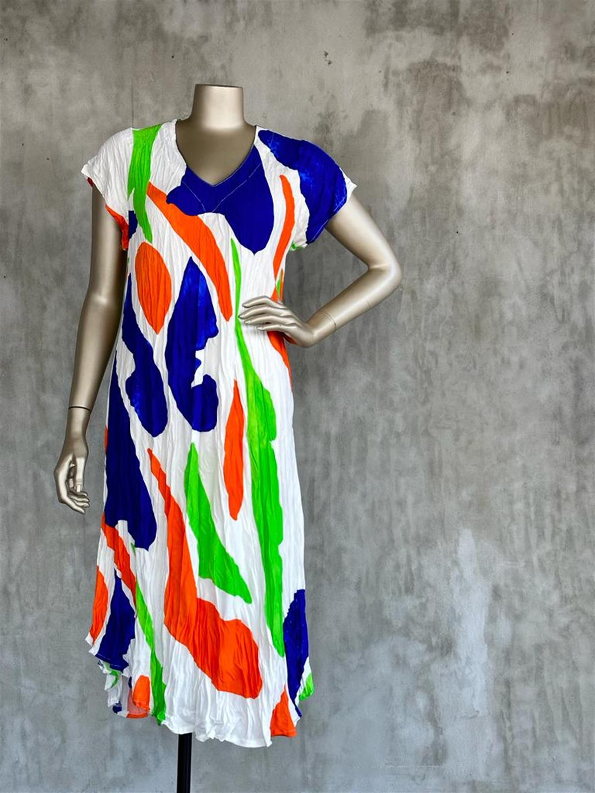 Karışık Renk Desenli İthal Tasarım Elbise (Beyaz)
