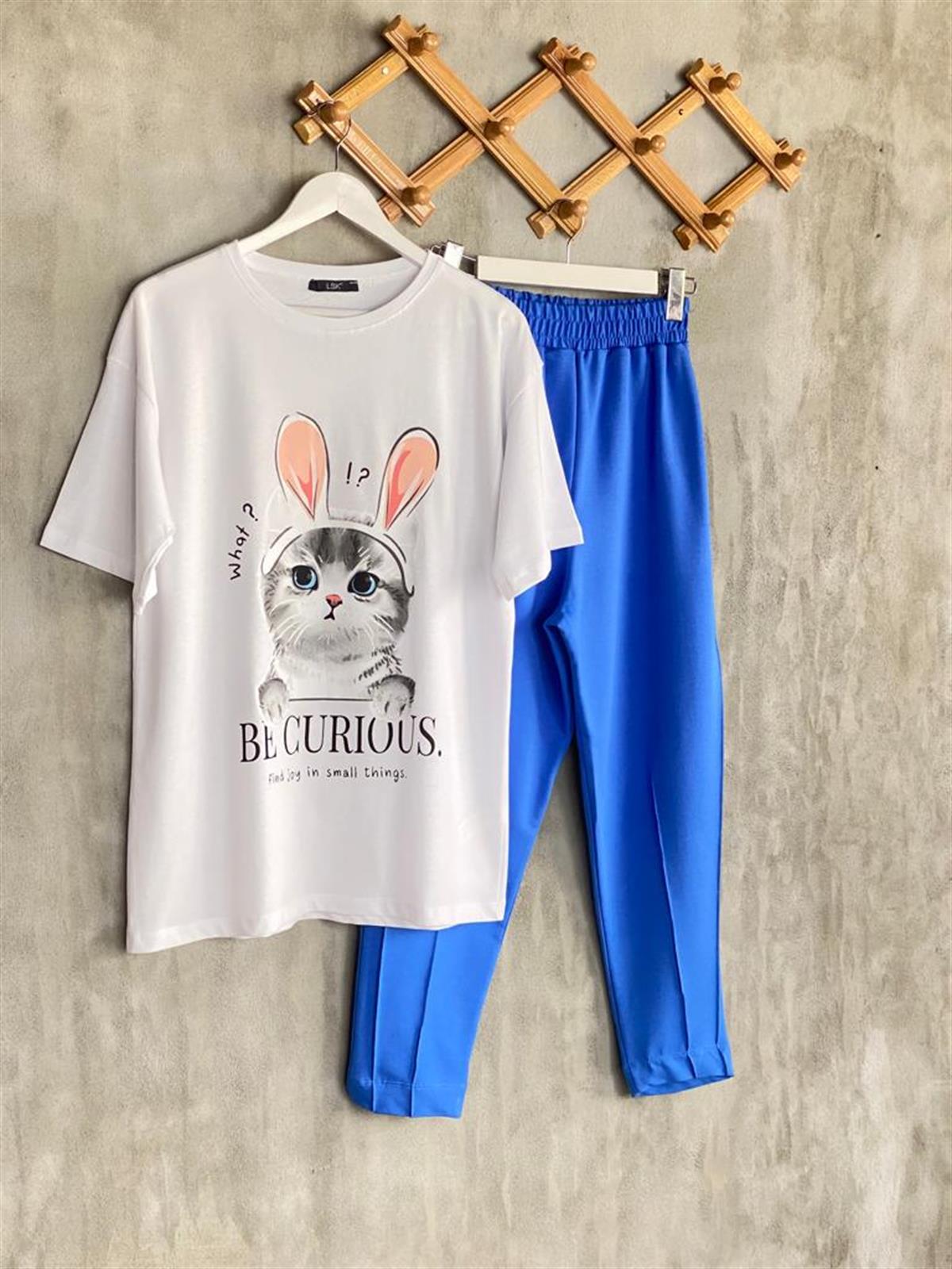 Kedi Baskılı Oversize Tunik Tişört (Beyaz)