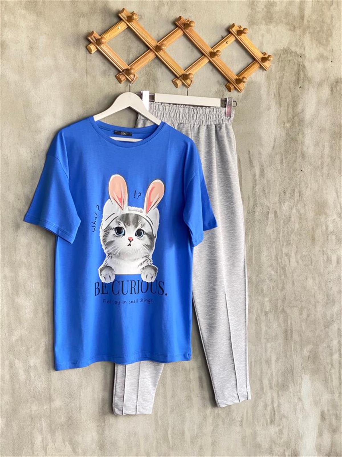 Kedi Baskılı Oversize Tunik Tişört (Saks)