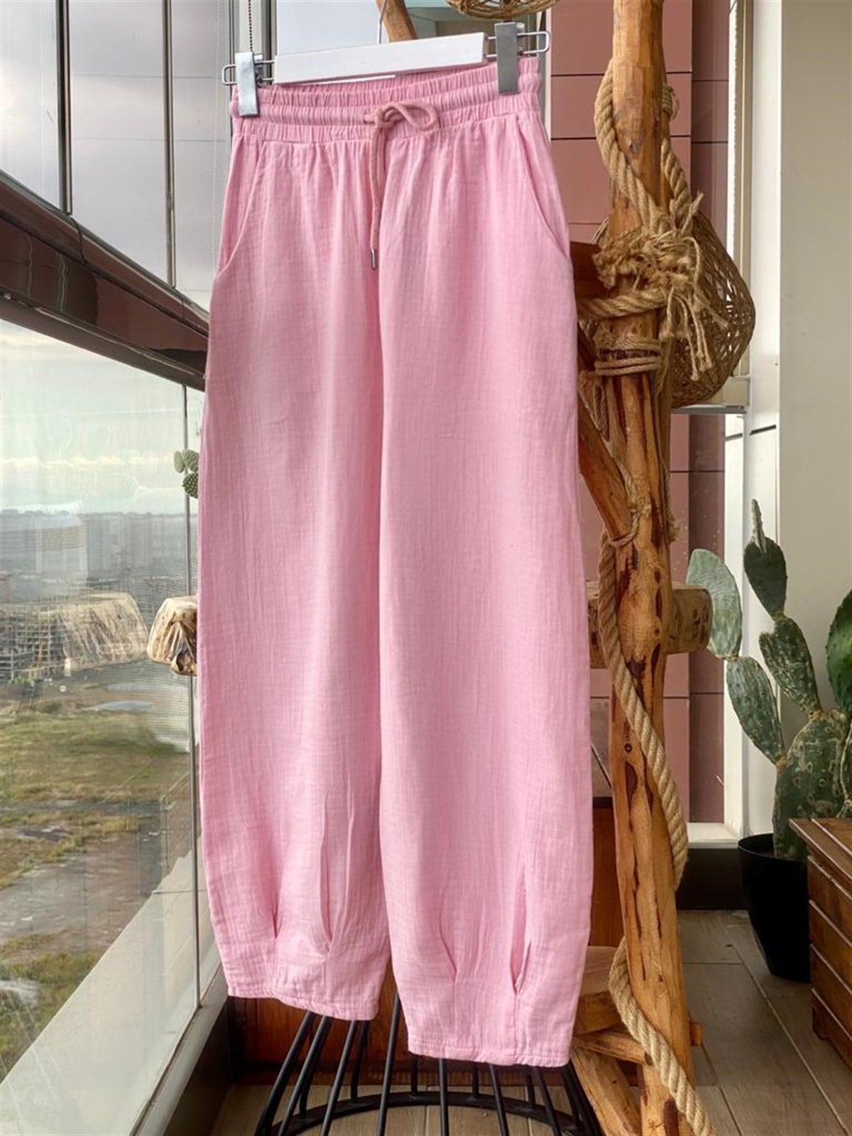 Keten Kumaş Yüksek Bel Pantolon (Toz Pembe)