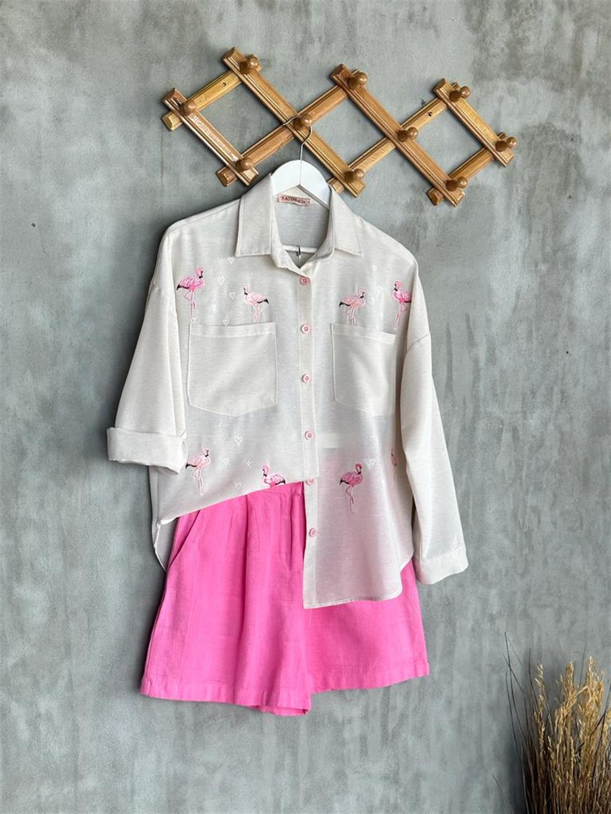 Keten Nakış Flamingo İşlemeli Tunik Gömlek (Taş)