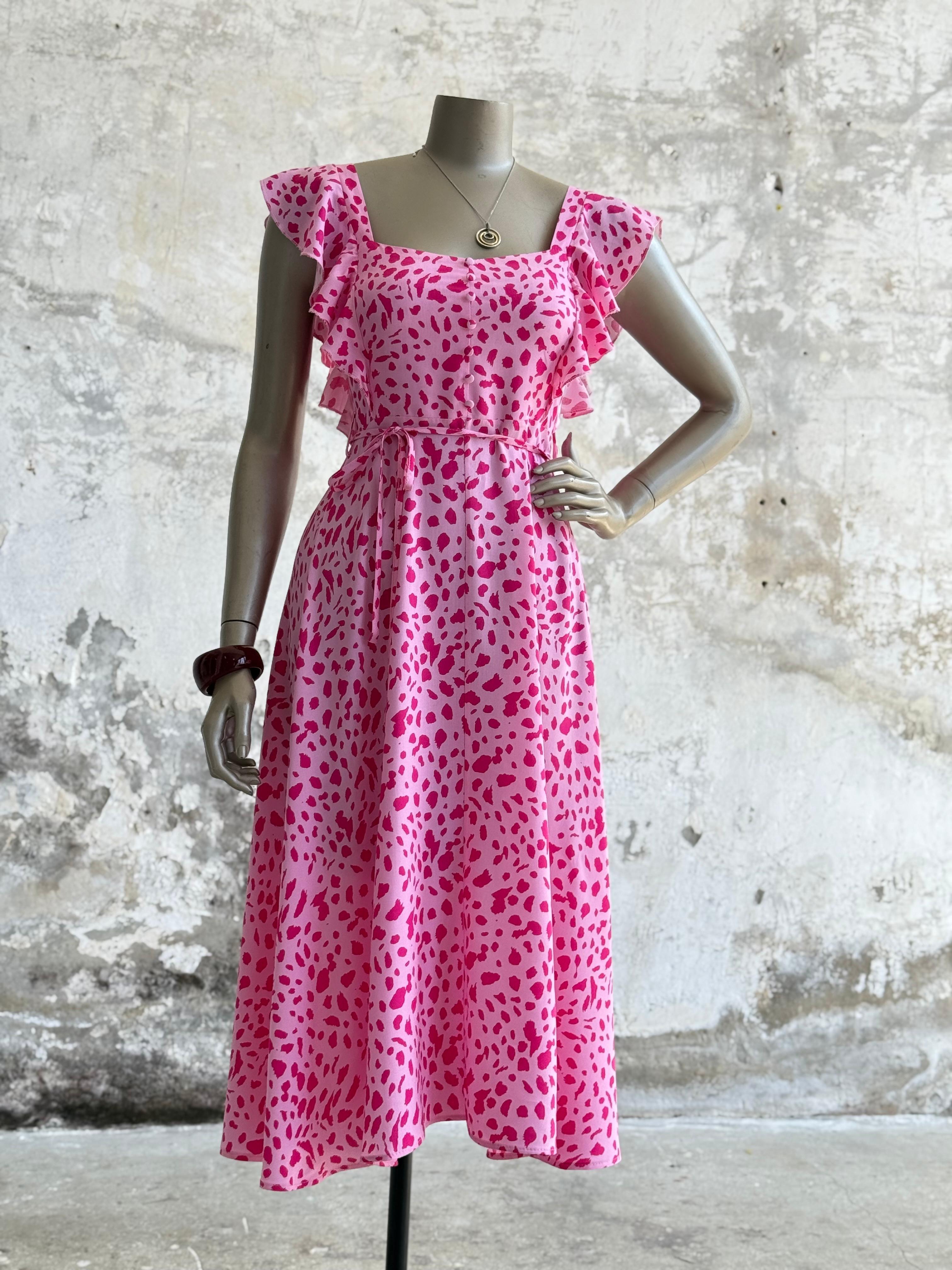 Kolları Fırfırlı Benekli Prenses Elbise (Pembe)