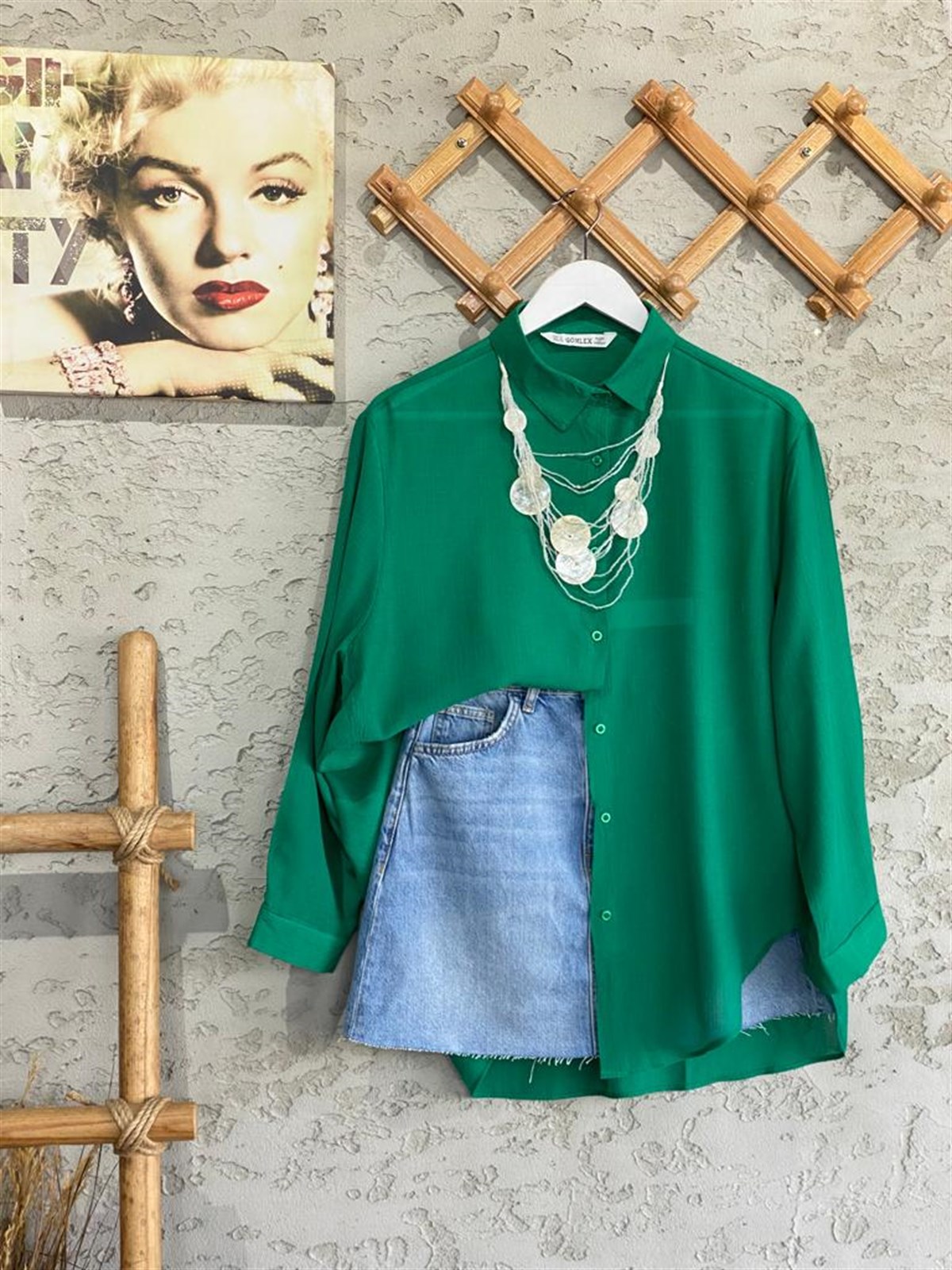 Krinkıl Doku Oversize Gömlek (Benetton Yeşil)
