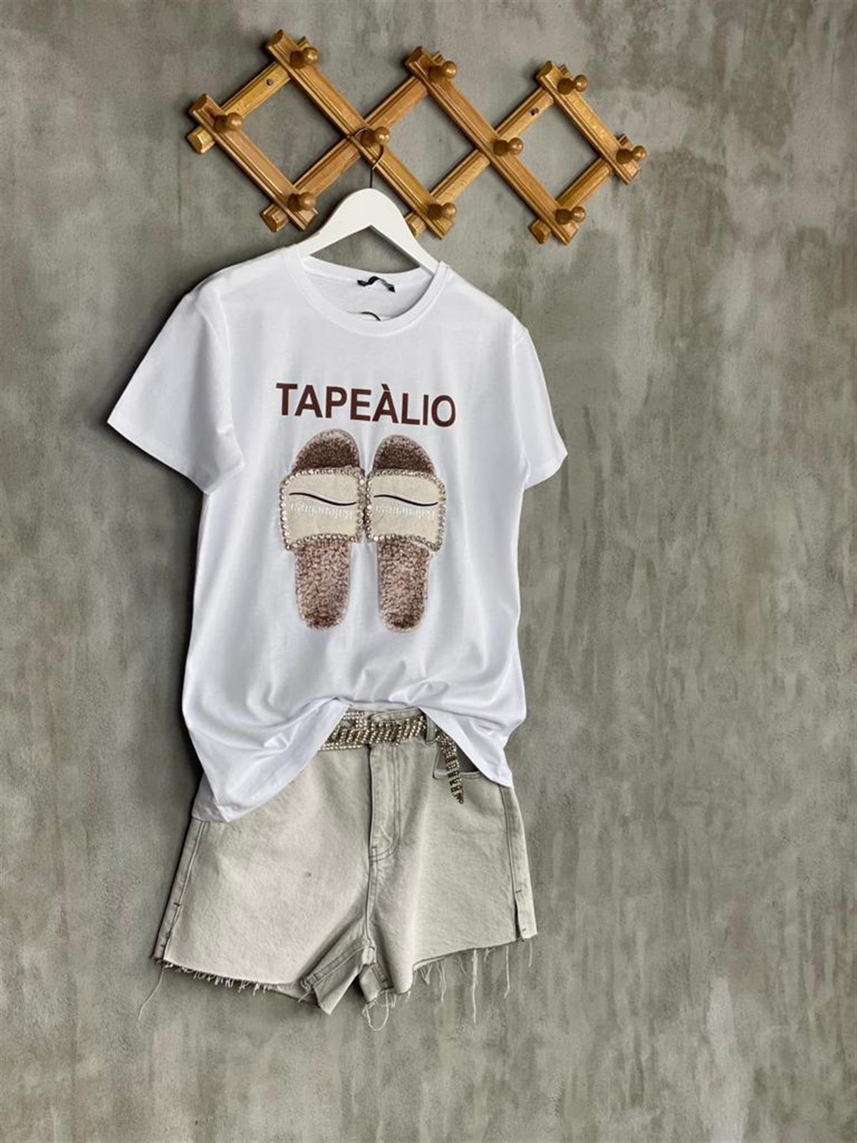 Kristal Taş İşçilikli Terlik Baskılı Tişört (Beyaz)
