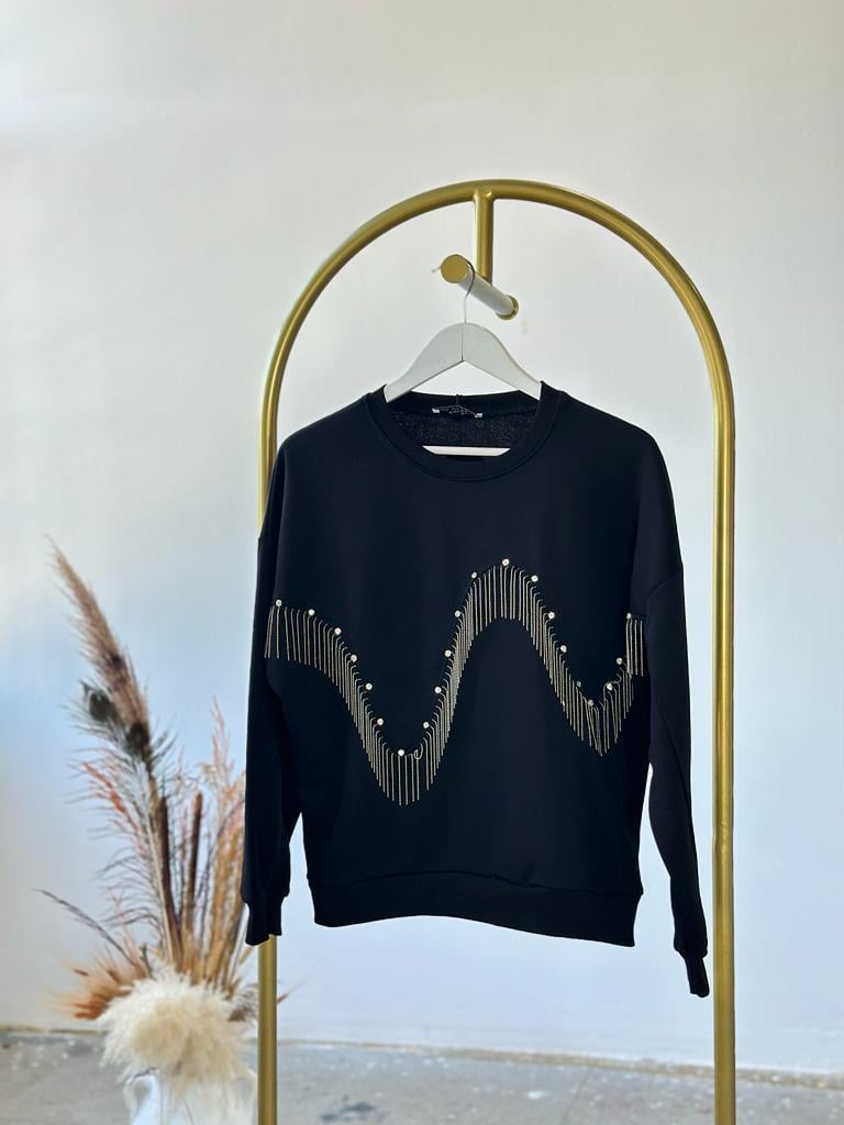 Kristal Taş ve Salkım Zincir İşçilikli Sweat (Siyah)