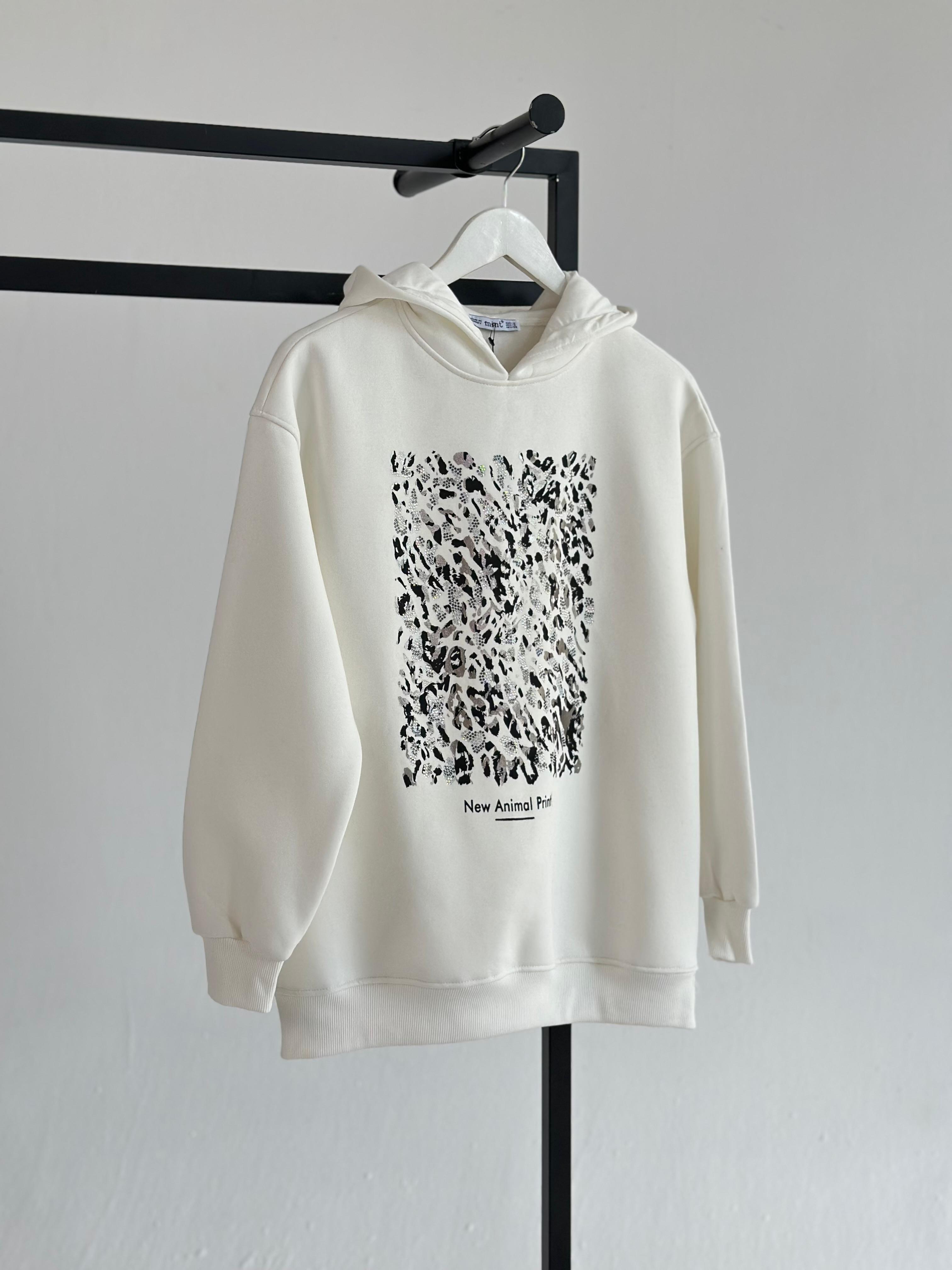 Kristal Taş Ve Varak Baskılı Kapüşonlu Sweat (Beyaz)