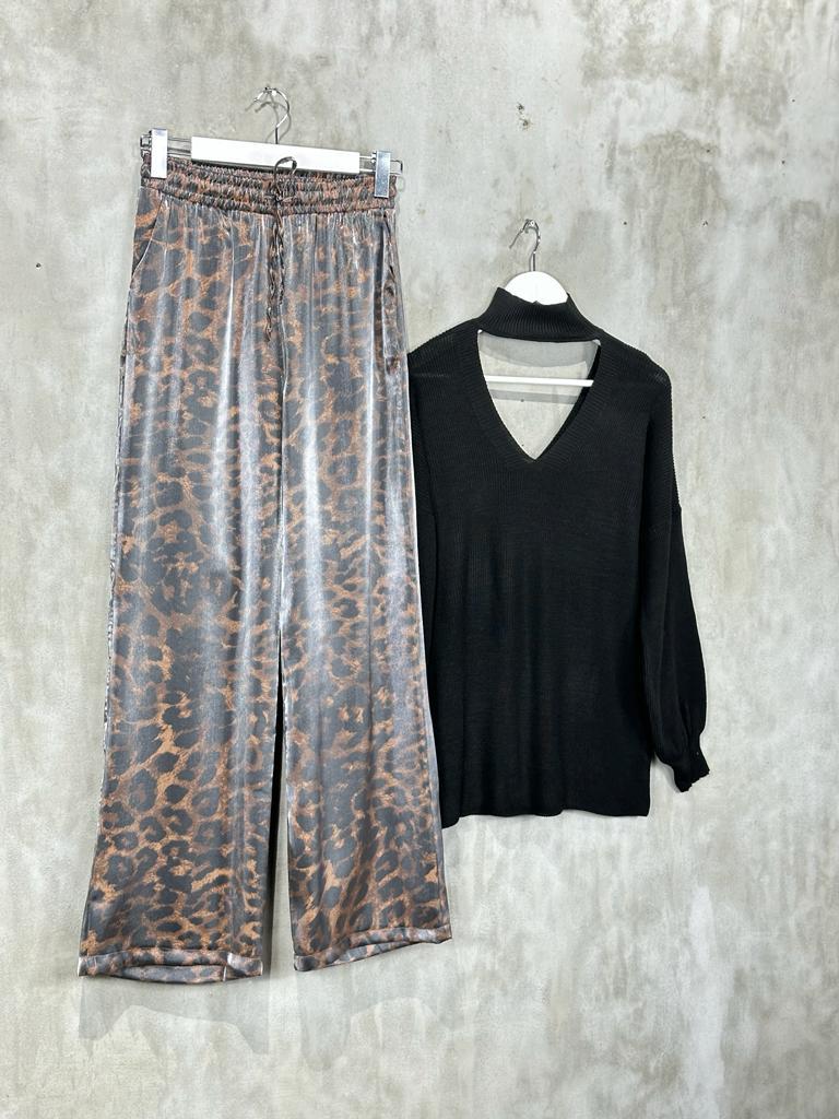 Leopar Desen Bol Paça Lurex Kumaş Pantolon (Kahve)