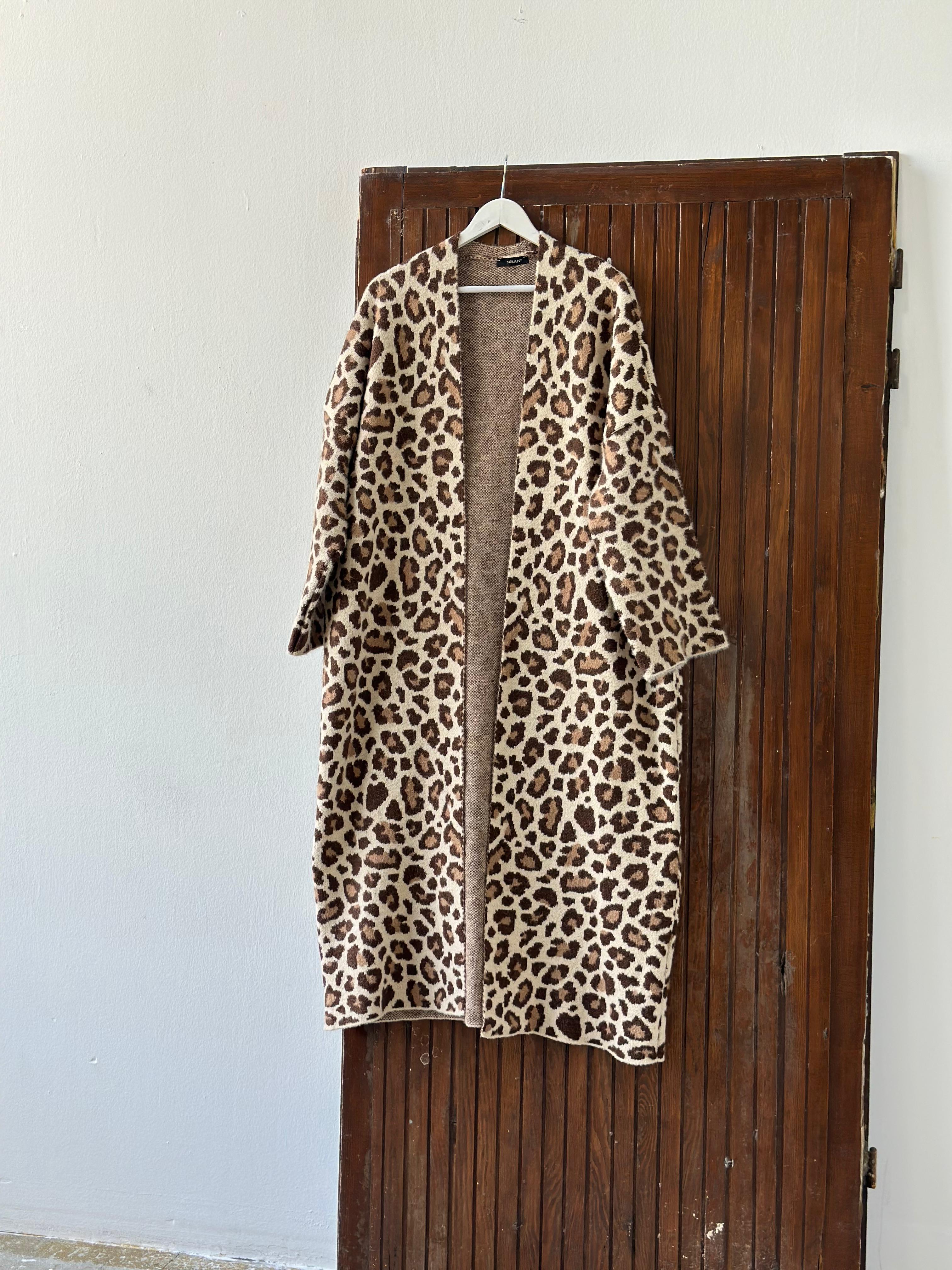 Leopar Desenli Angora Maxsi Boy Hırka (Kahve) 