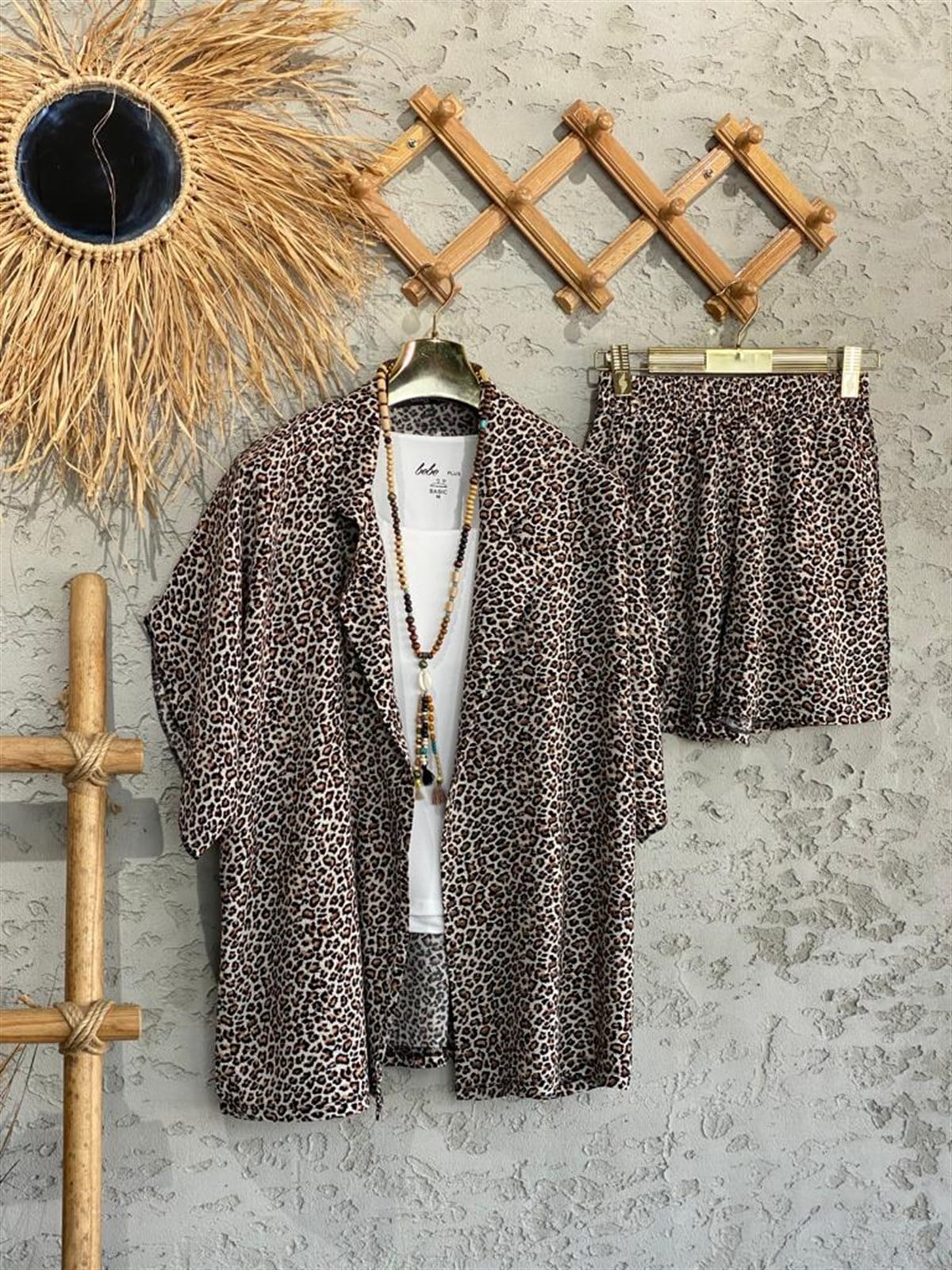 Leopar Desenli Kimono Şort Takım 