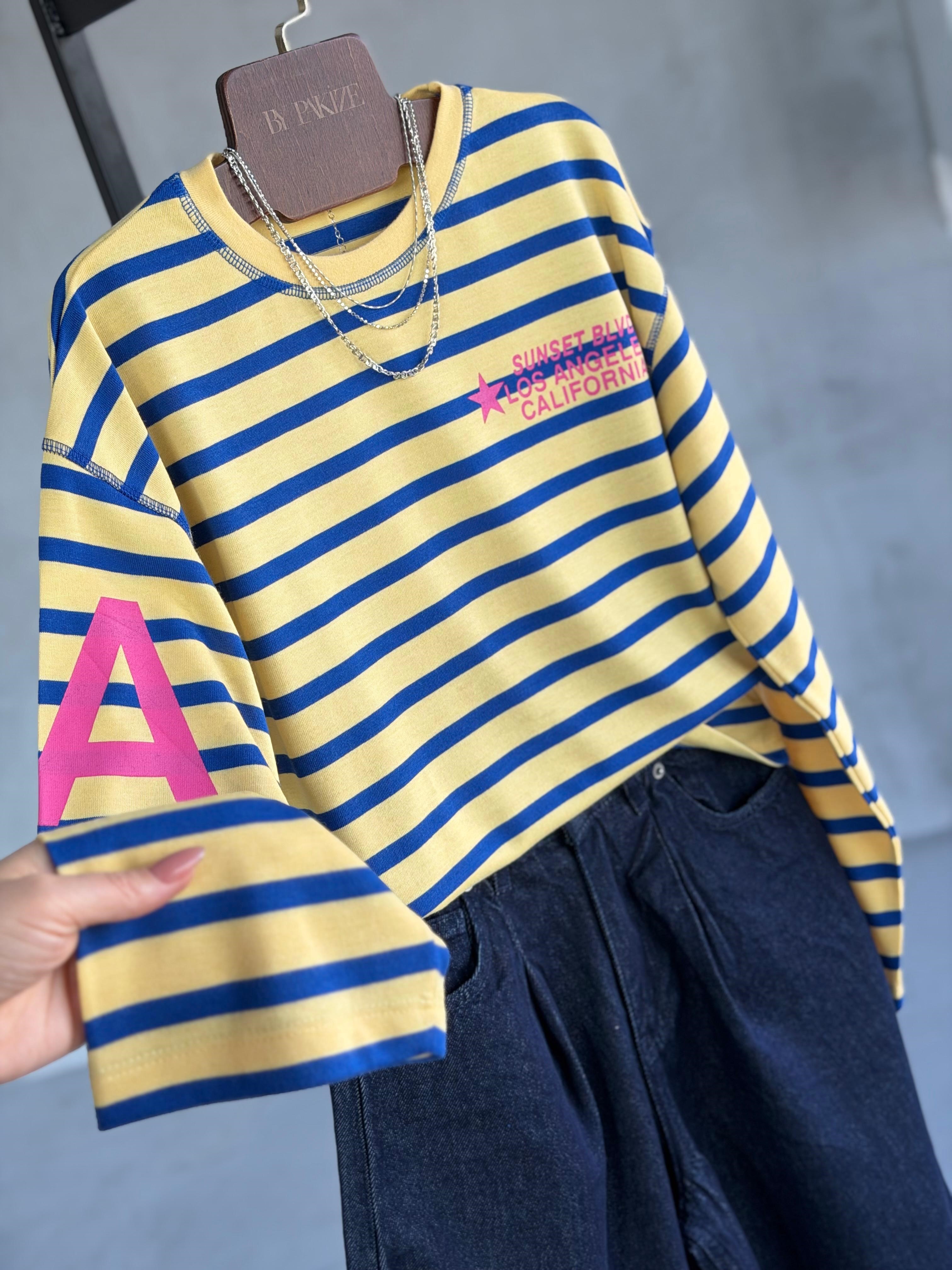 Los Angeles Sırt Yıldız Baskılı Çizgili Sweatshirt(Sarı-Mavi)