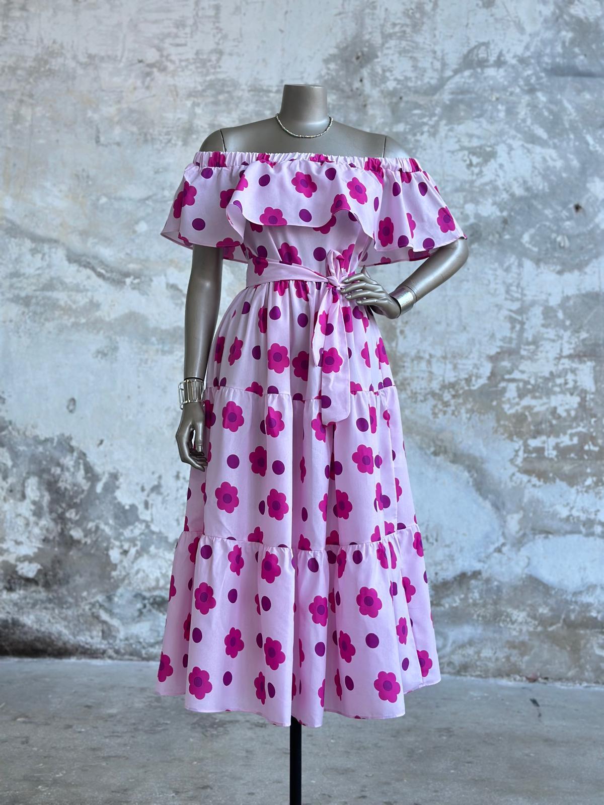 Madonna Yaka Poplin Kumaş Papatya Desenli Elbise (Pembe)