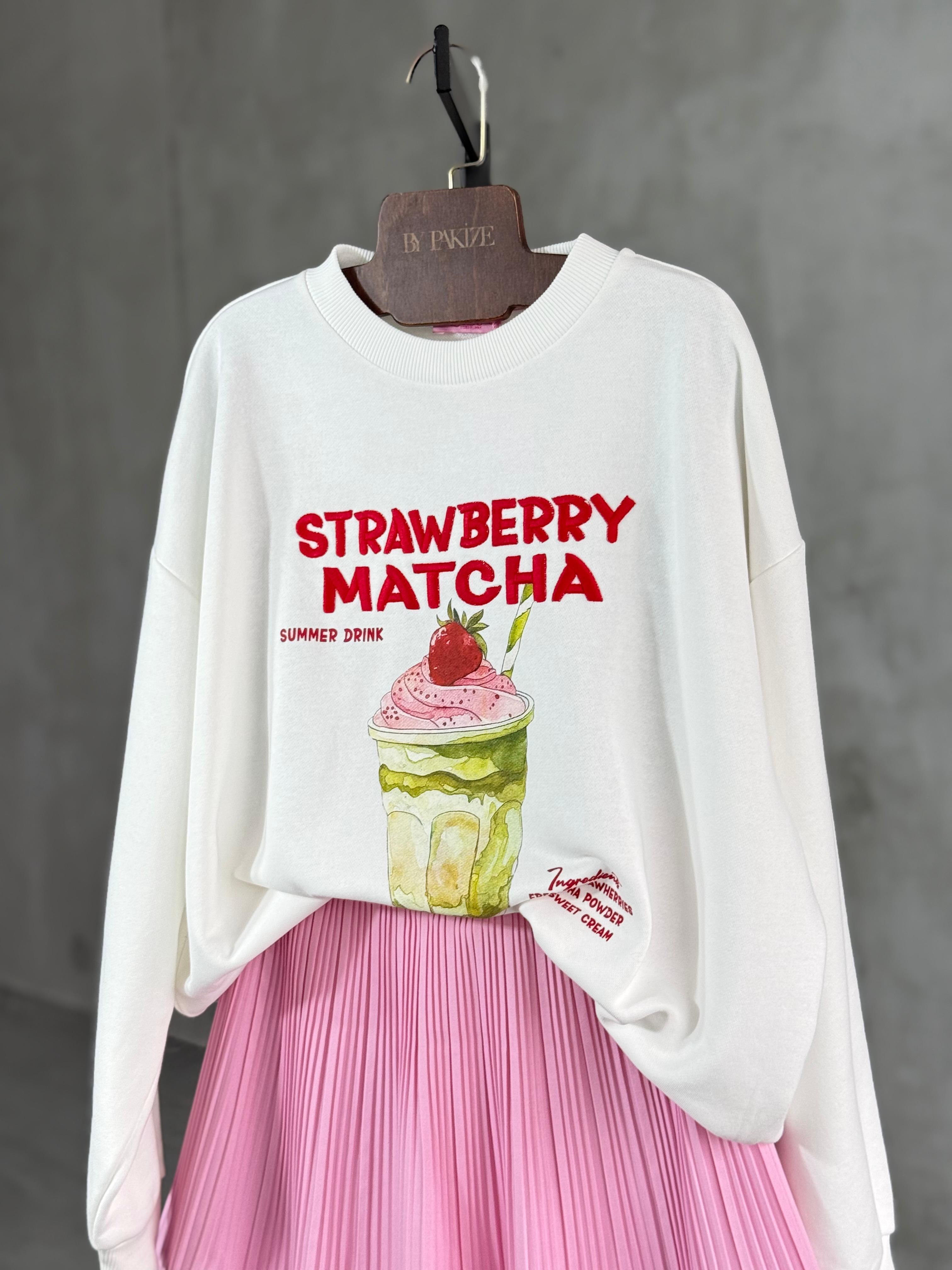 Matcha Baskılı Oversize Sweat (Beyaz)