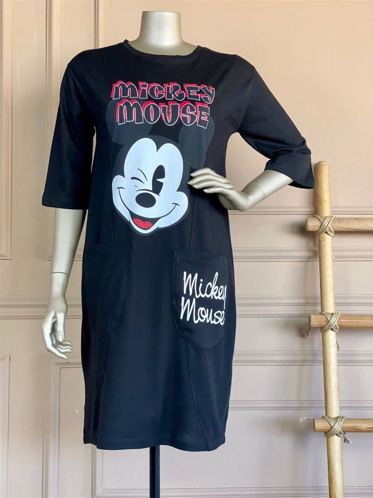 Mickey Baskılı Tunik Elbise (Siyah)