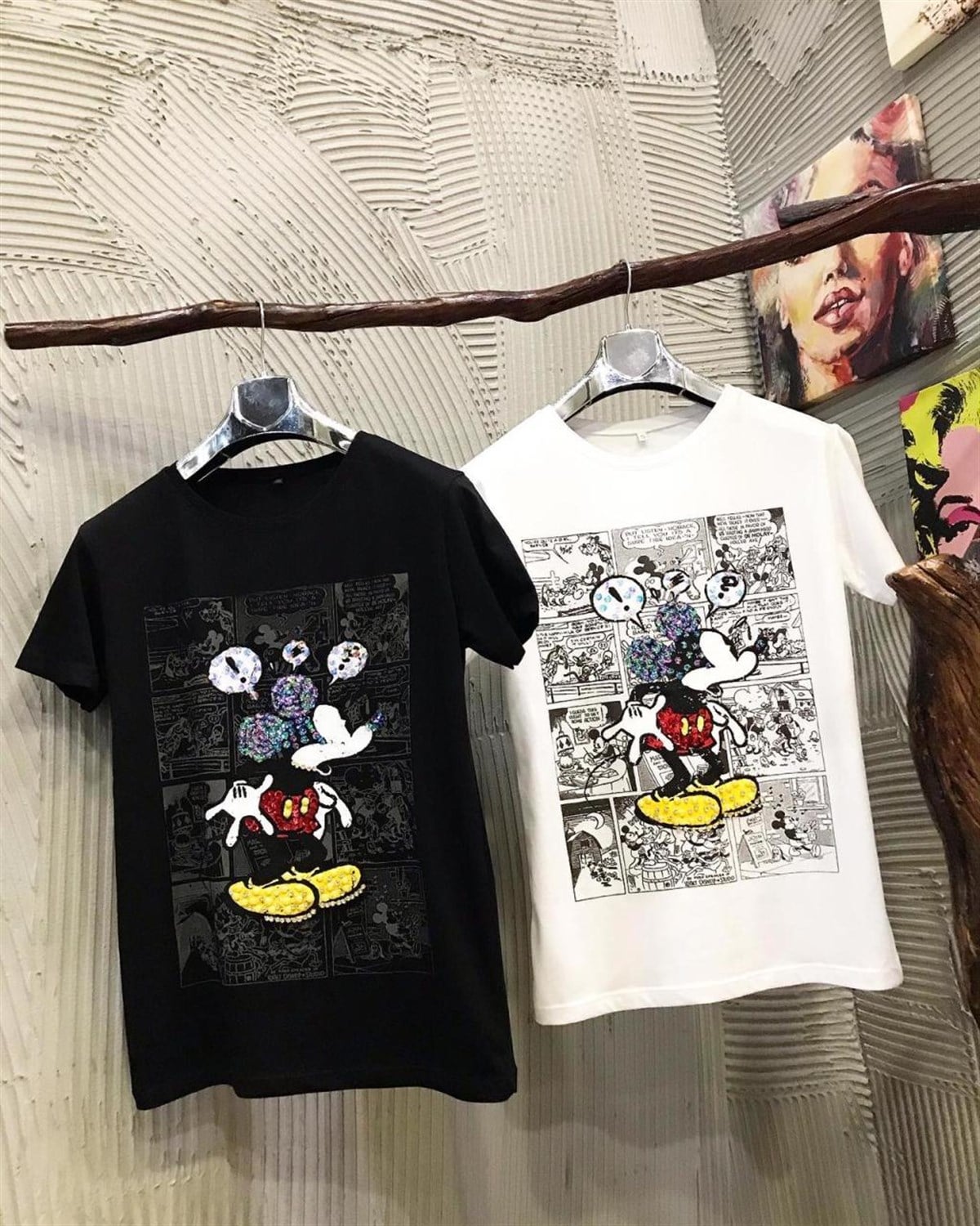 Mickey Mouse Payet Taş İşçilikli Tshirt (BEYAZ & SİYAH)