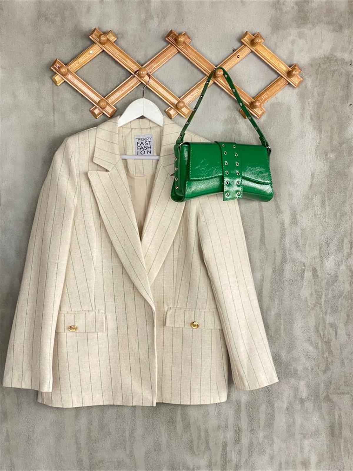 Mint Çizgili Oversize Gold Düğmeli Ceket (Taş)