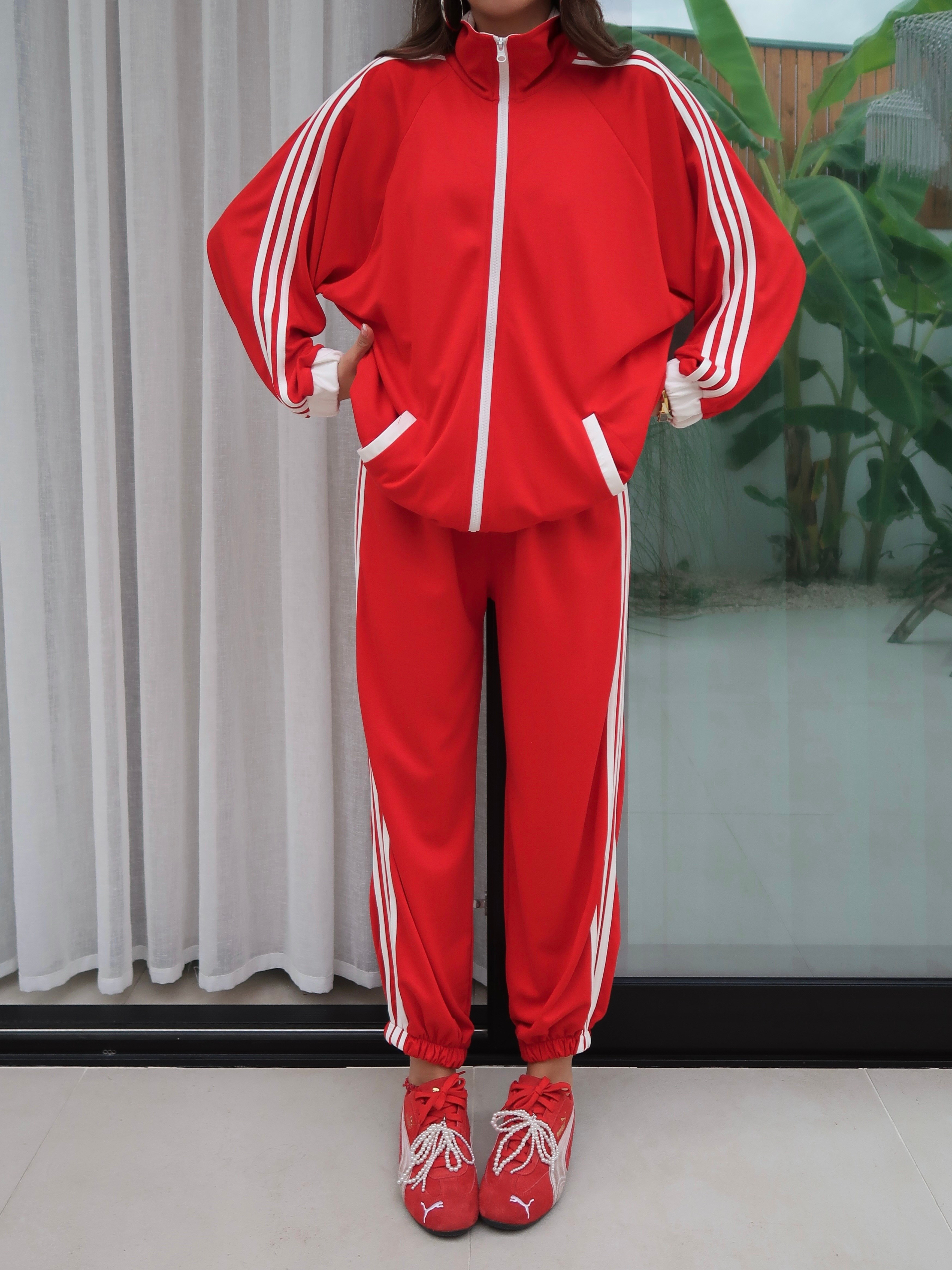 Modal Şerit Detaylı Tunik Boy Eşofman Takım (Kırmızı)