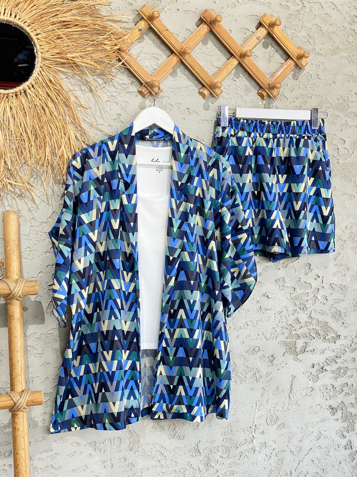 Motif Desenli Kimono Şort Takım (Lacivert)