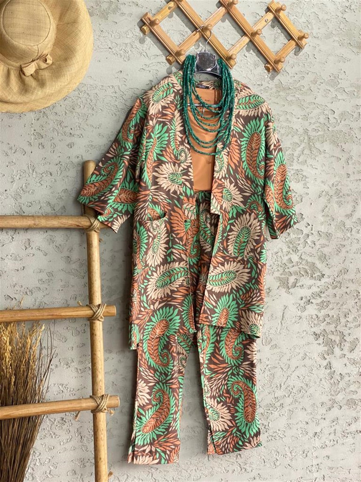 Multi Desenli Keten Kimono Alt Üst Takım (Yeşil)