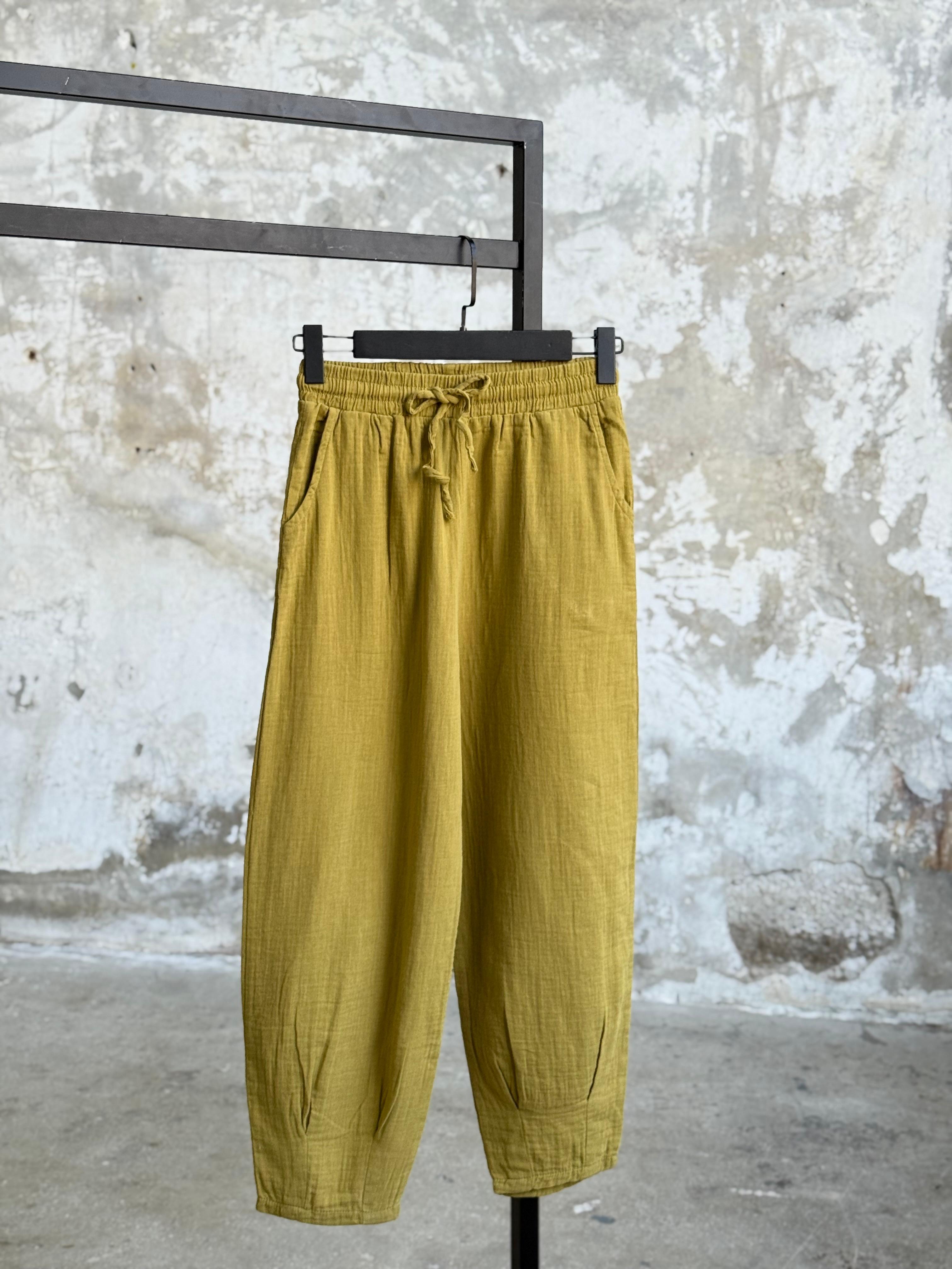 Müslin Kumaş Paçası Çımalı Pantolon (Olive)