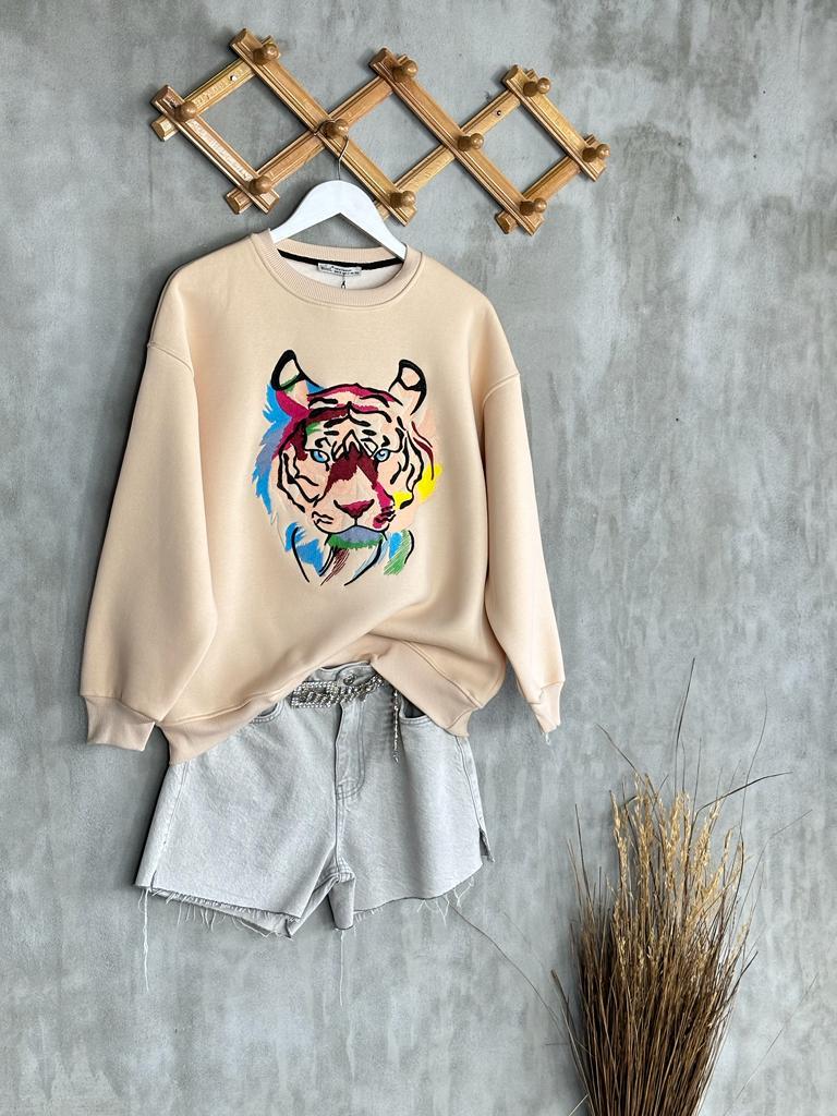Nakışlı Kaplan işlemeli Kadın Sweat (Bej)