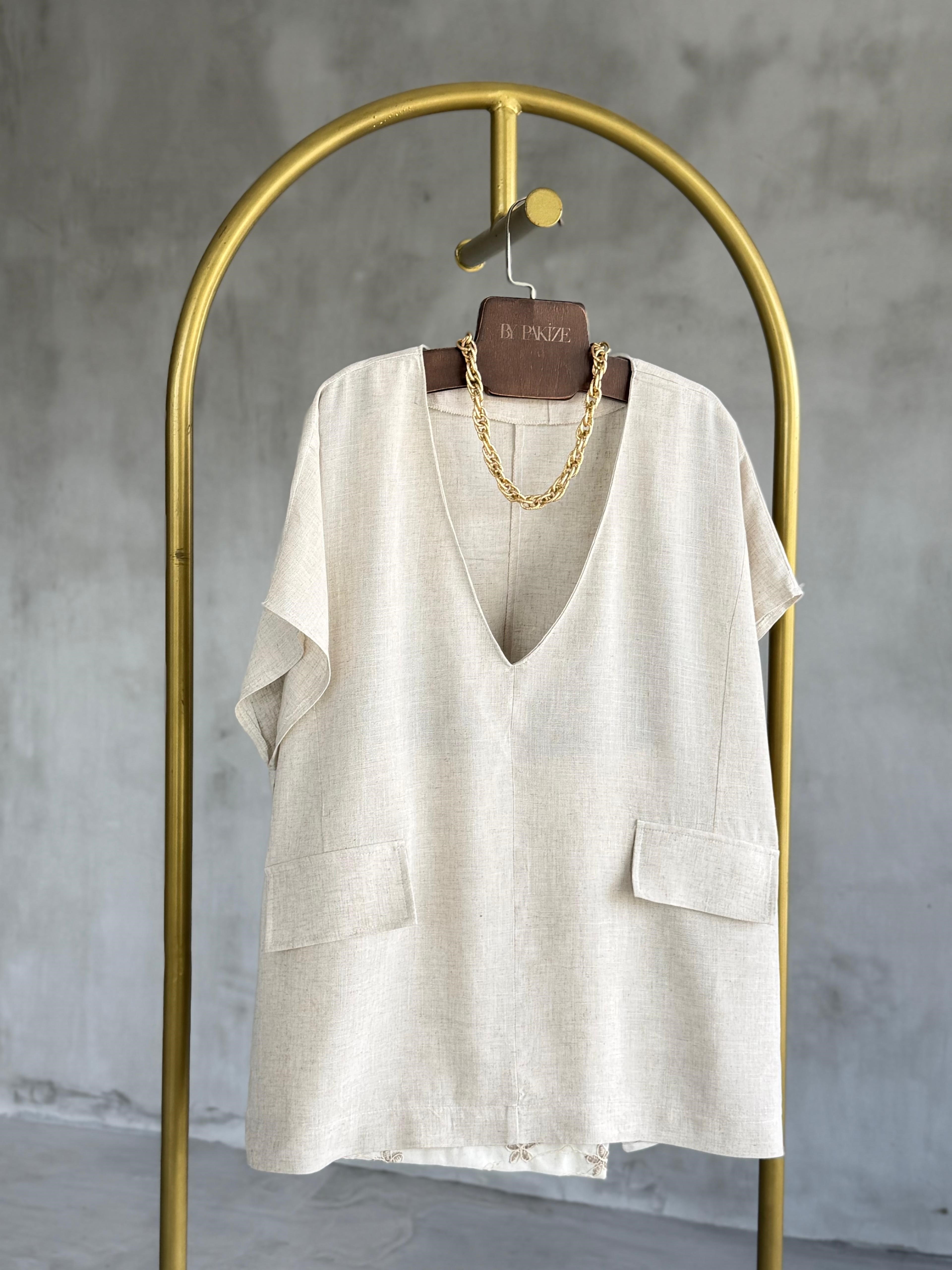 Naturel Keten V Yaka Cepli Oversize Bluz (Naturel)