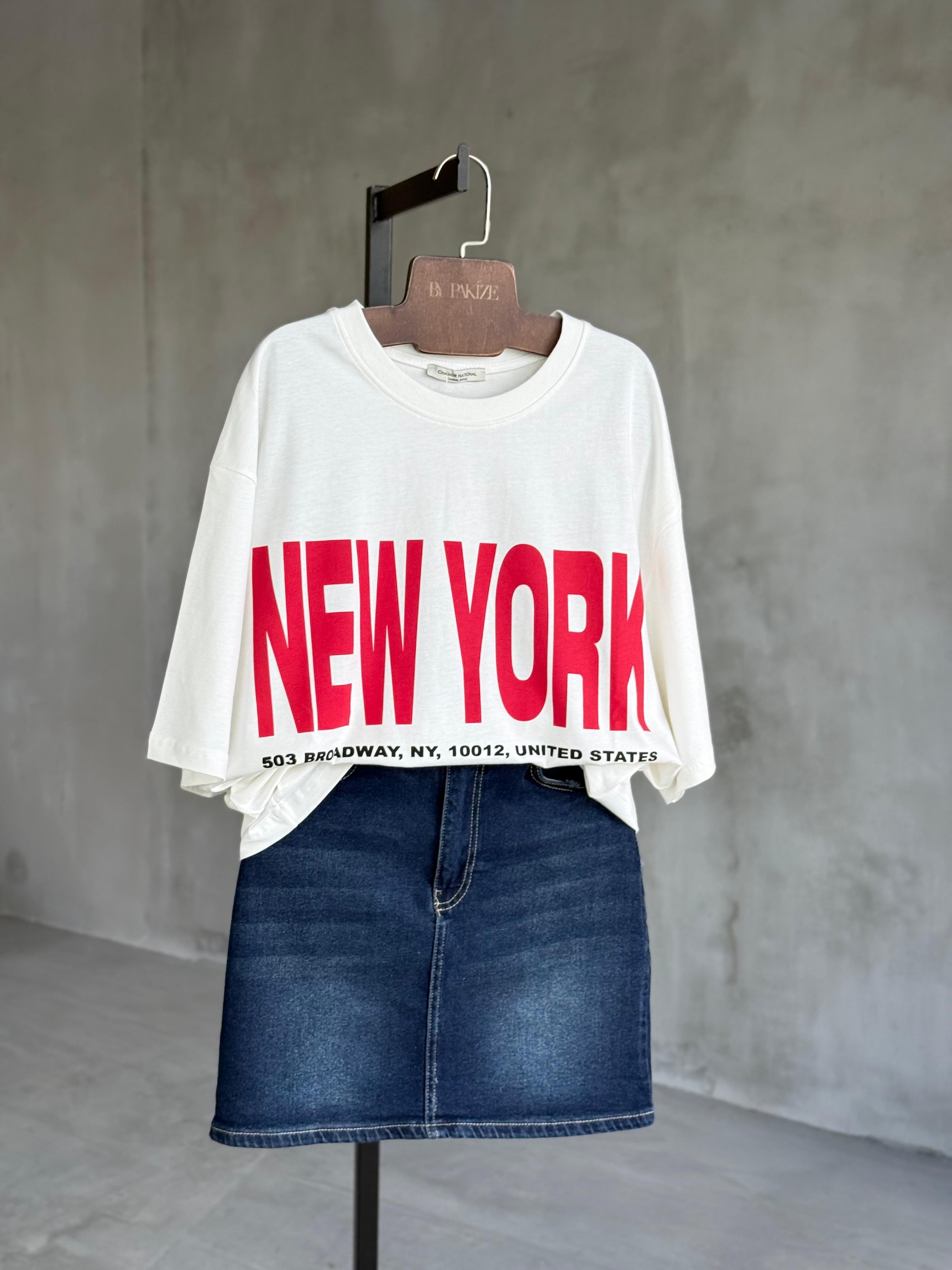 New York Baskılı Oversize Tişört (Beyaz)