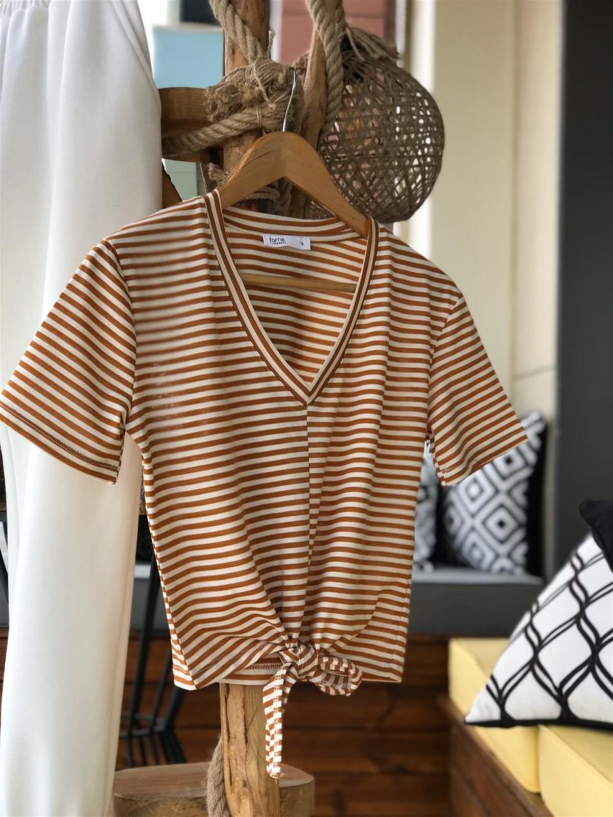 Önden Bağlamalı Penye Basic Tshirt (CAMEL)