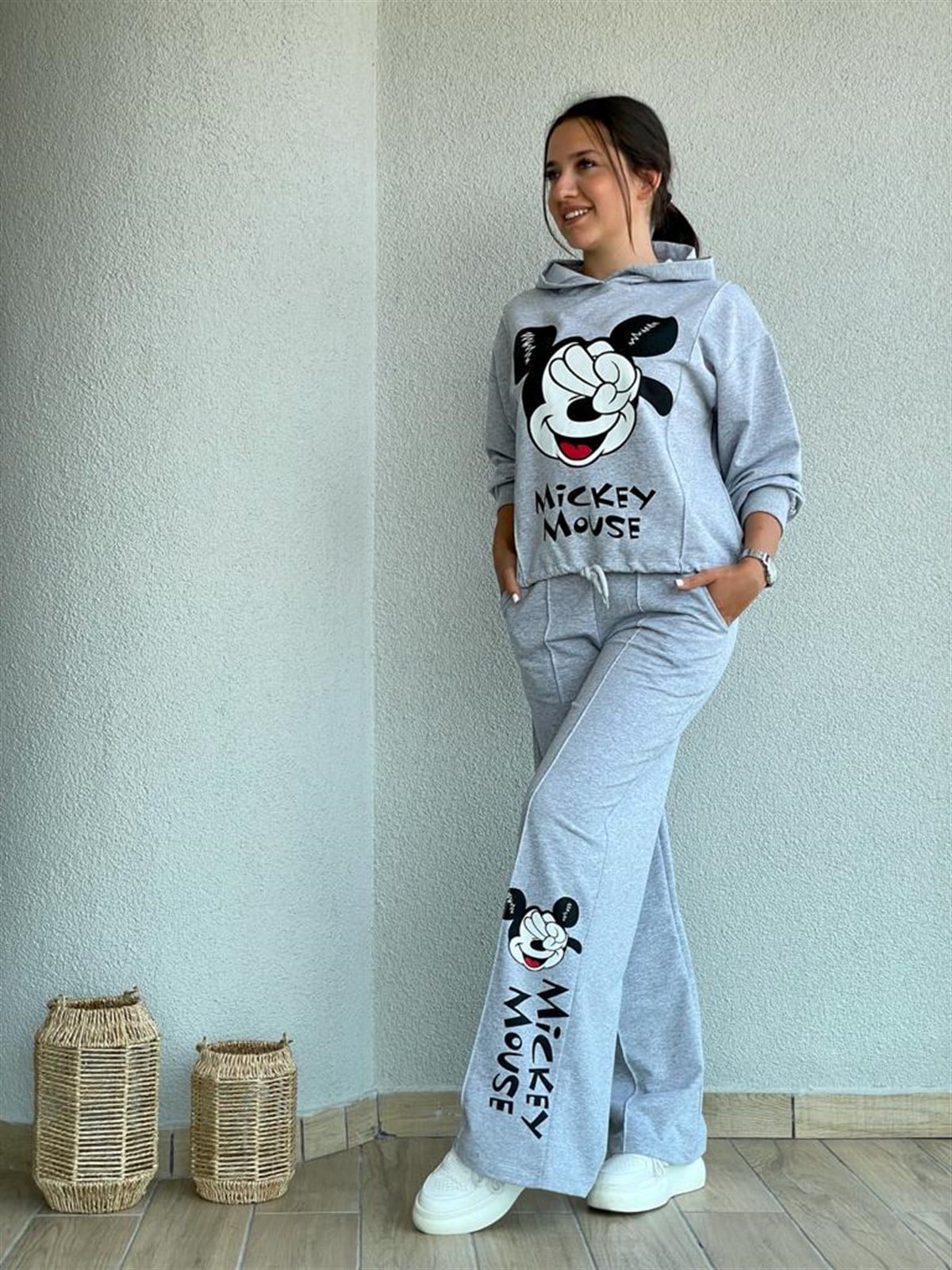 Önden Büzgü Detaylı Mickey Takım (Gri)