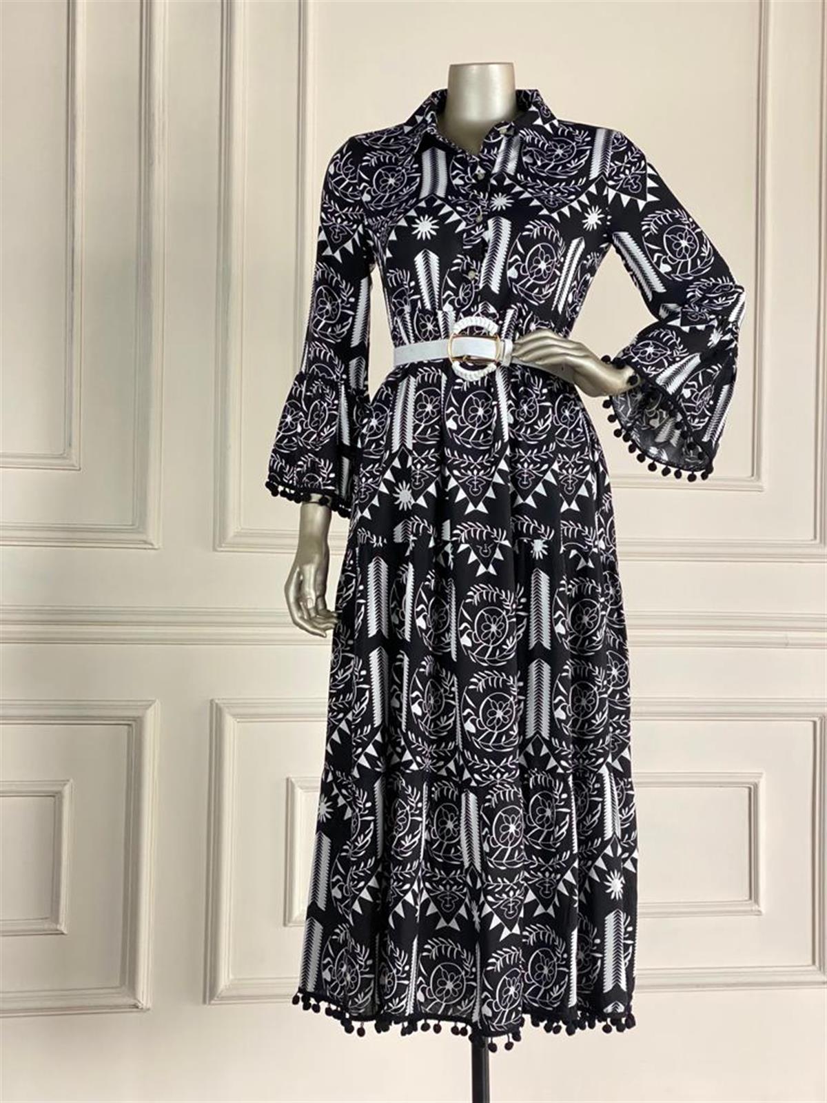 Önden Yarım Düğmeli Ponponlu Etnik Desen Elbise (Siyah)