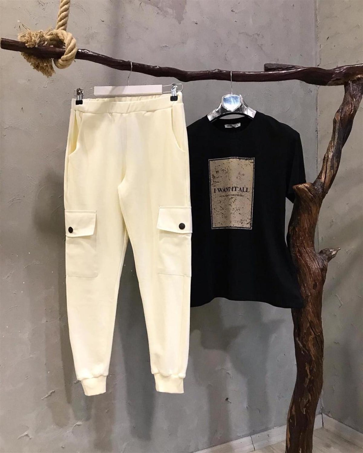 Örgü Dokuma Kumaş Eşofman Pantolon (EKRU)