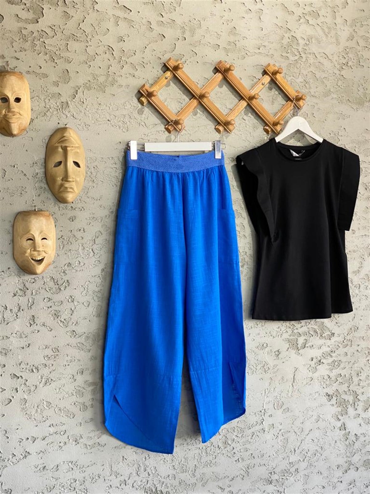 Örgü Kemer Beli Lastikli Şalvar Keten Pantolon (Saks Mavi)