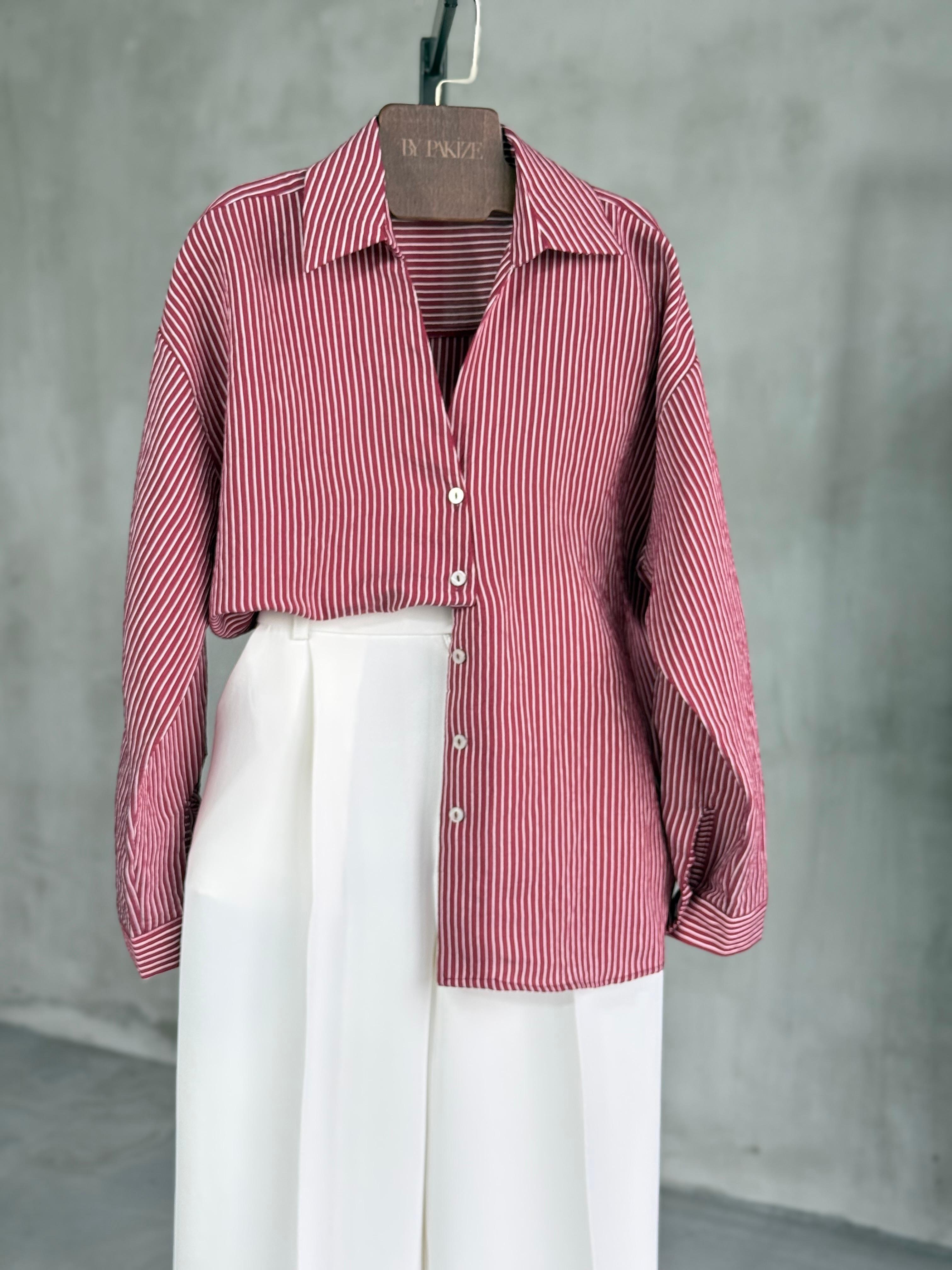 Oversize Çizgili Gömlek (Bordo)