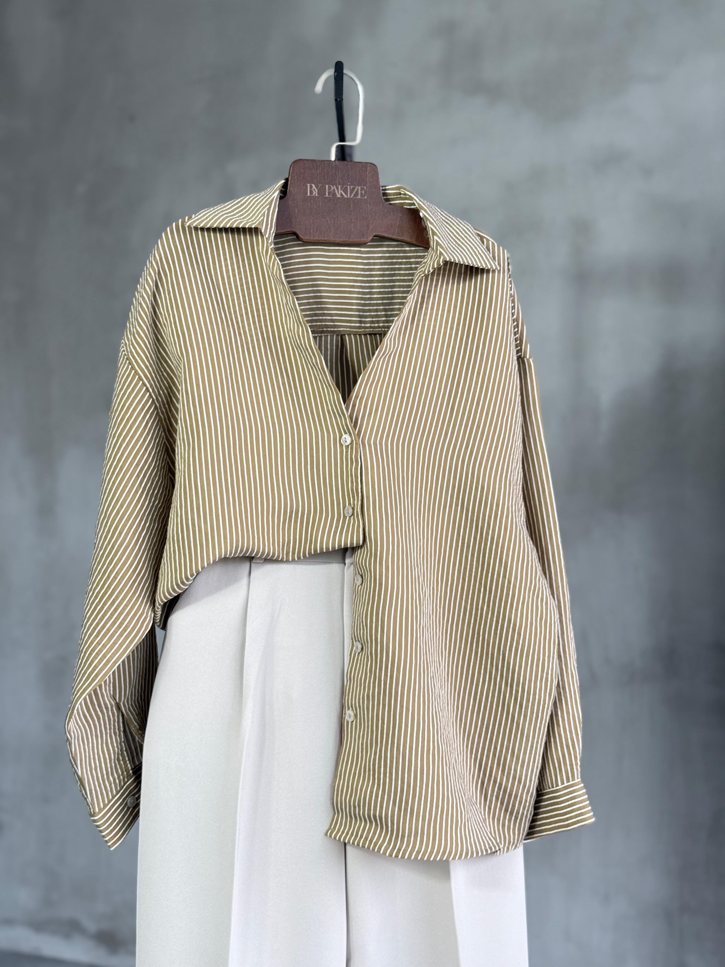 Oversize Çizgili Gömlek (Olive)