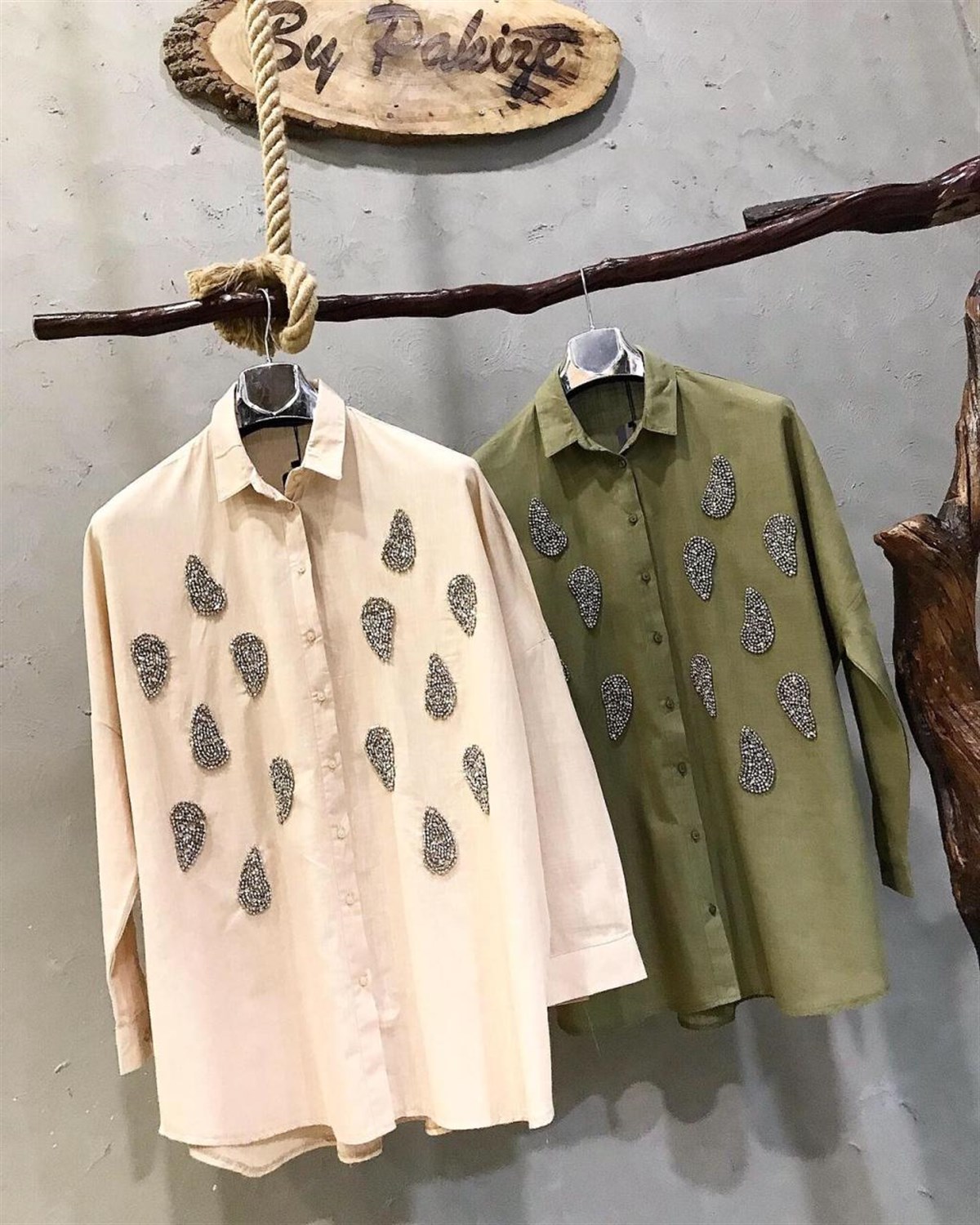 Oversize Kesim Özel Kristal Taş El İşçilikli Gömlek ( BEJ)