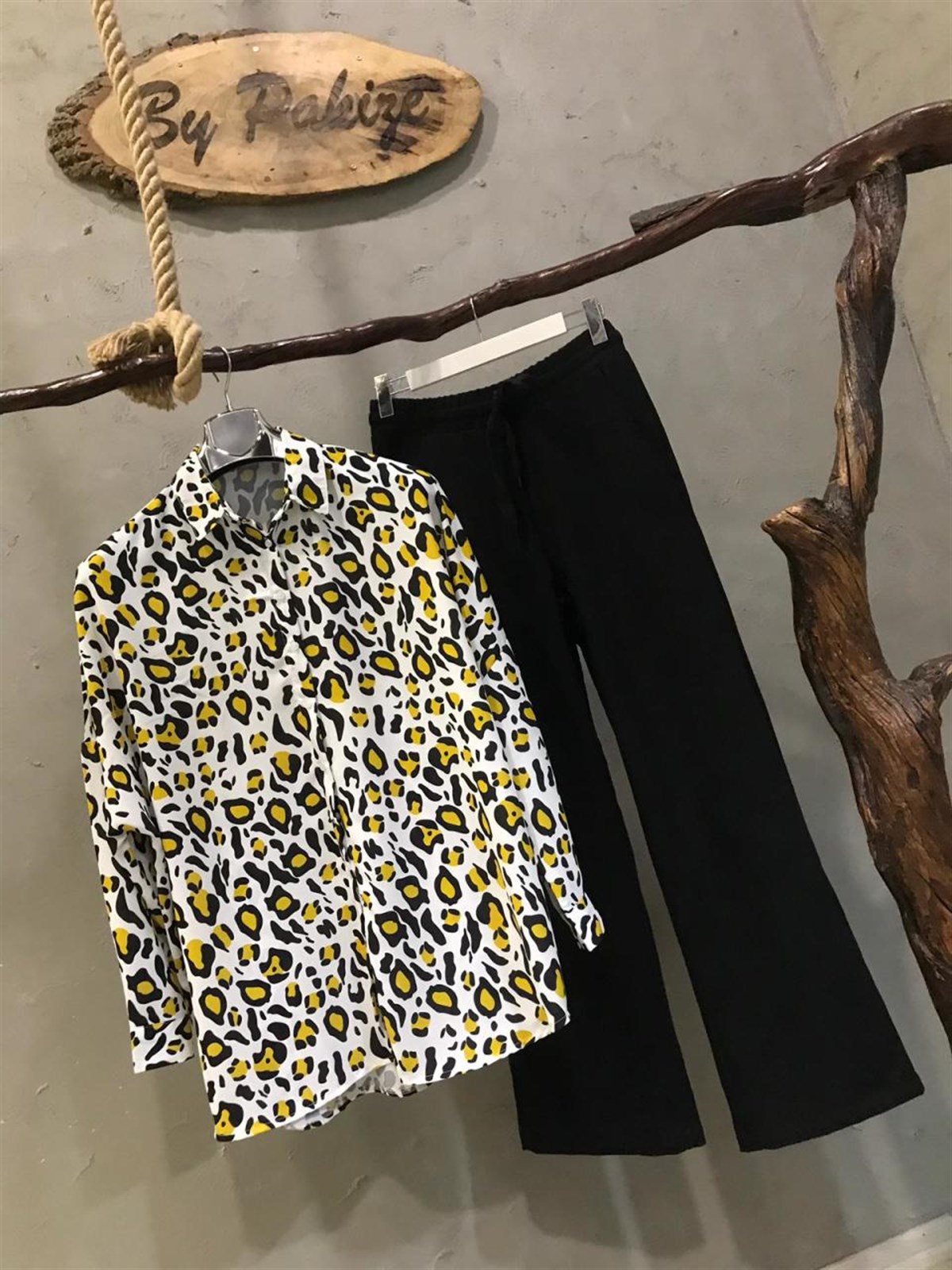 Oversize Sarı Leopar Desenli Leopar Gömlek
