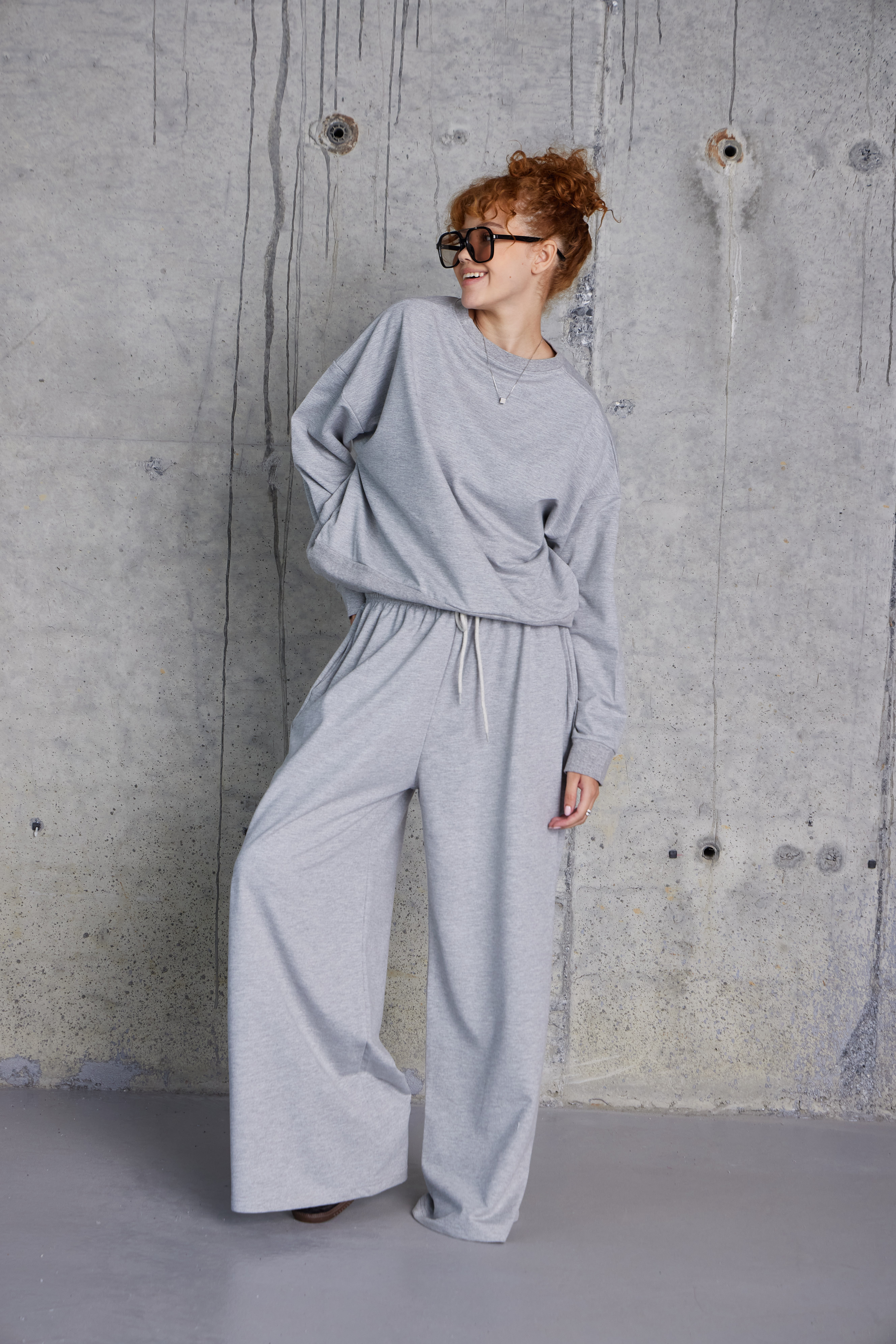 Oversize Sweat Palazzo Pantolon Takım (Gri)